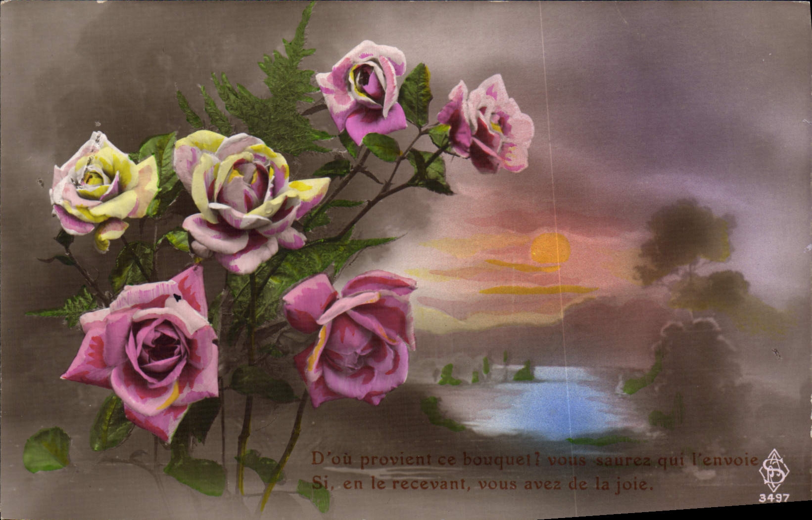 Vintage Postcard Imagination Flowers the Moon