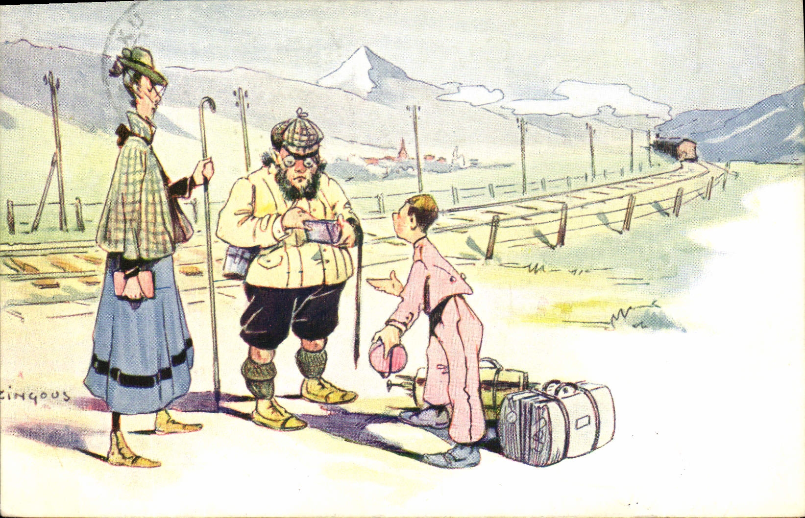 Vintage Postcard Imagination Illustrator Alpnisme Train