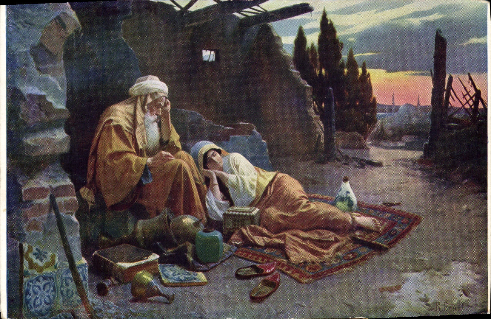 Vintage Postcard Imagination Orientalism Living room of Paris After the fire of Constantinople