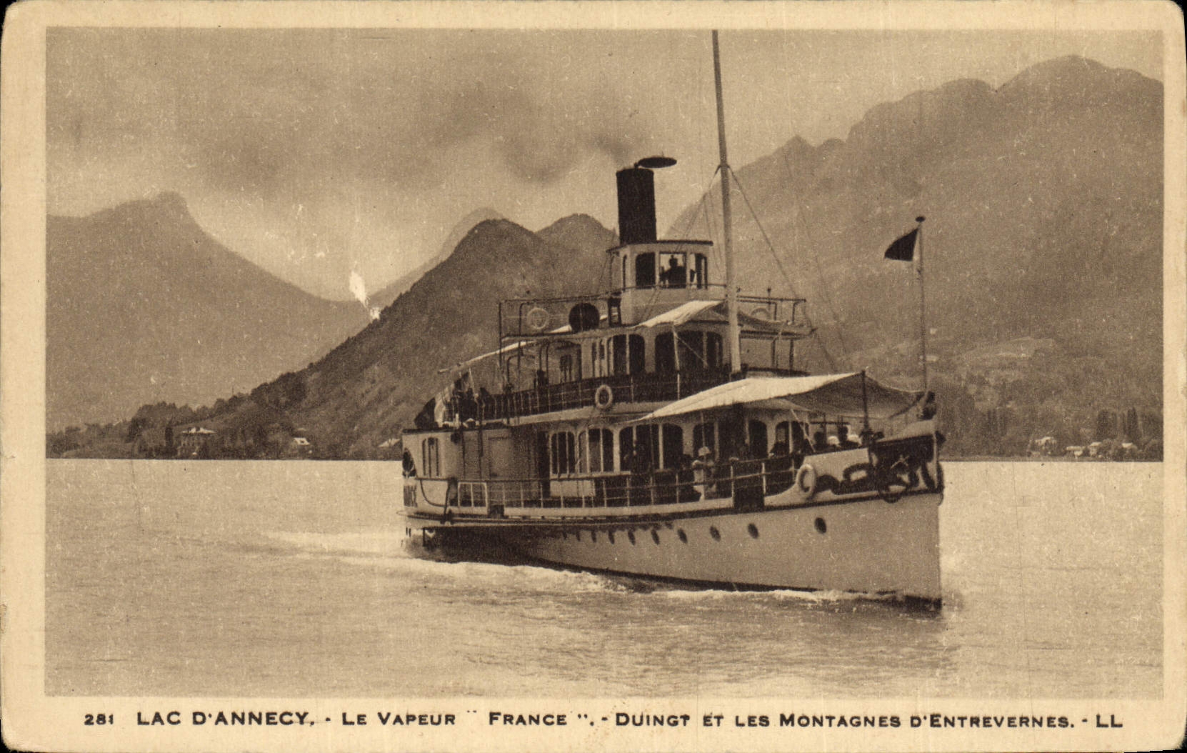 Vintage Postcard Boat Lake Annecy the vapor Duingt France and mountains of Entrevernes
