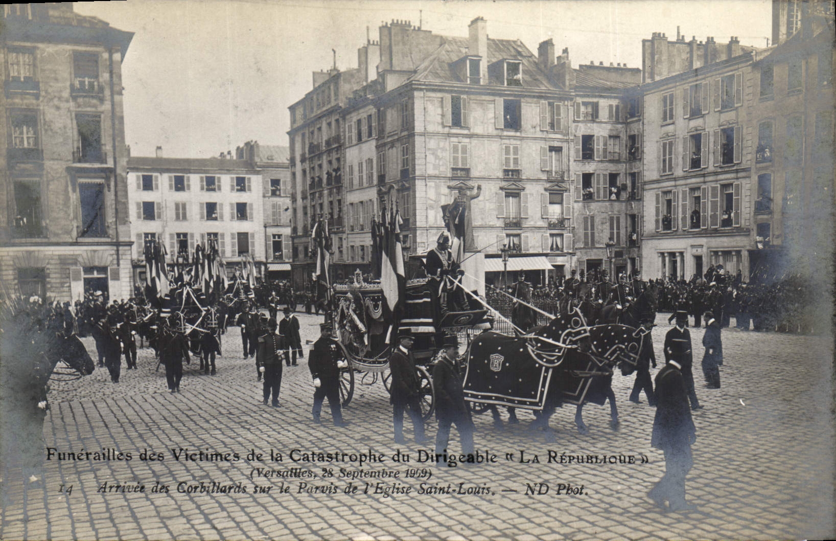 Vintage Postcard Funeral of the victims of the catastrophe of the airship the Republic Arrived of the hearses on the palate of the church Saint Louis Zeppelin