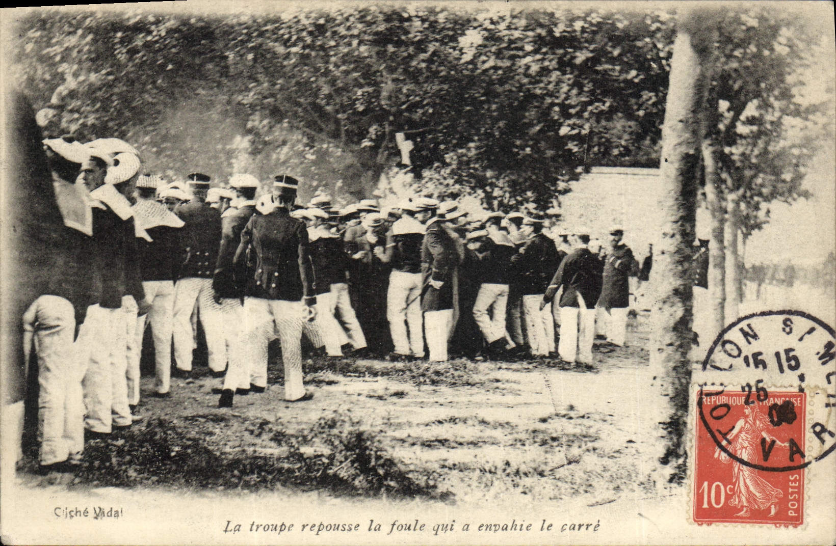 Vintage Postcard the troop pushes back the crowd which invaded squares it