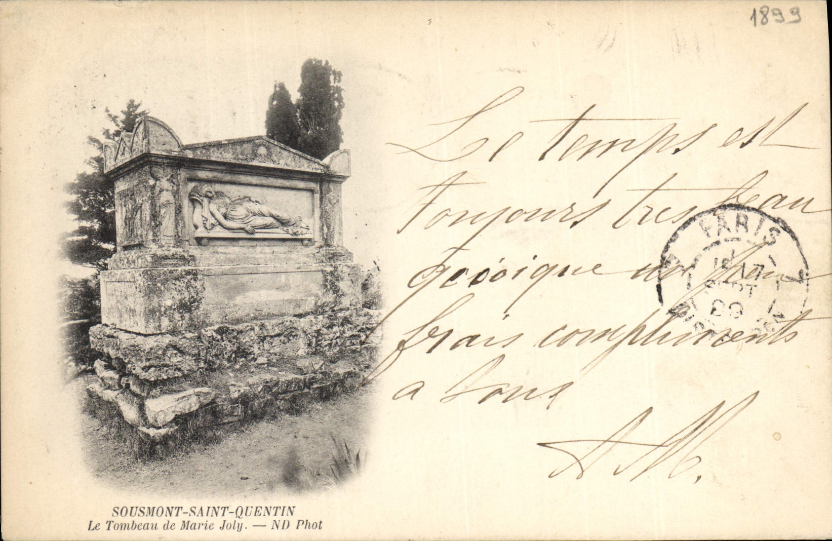 CPA Sousmont saint Quentin Le tombeau de Marie Joly carte 1899