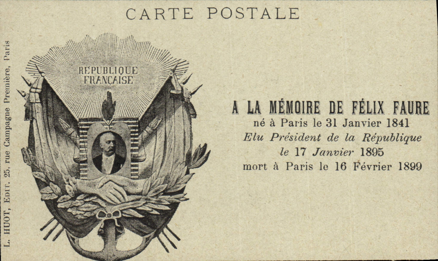 Vintage Postcard In memory of Félix Faure President of the Republic