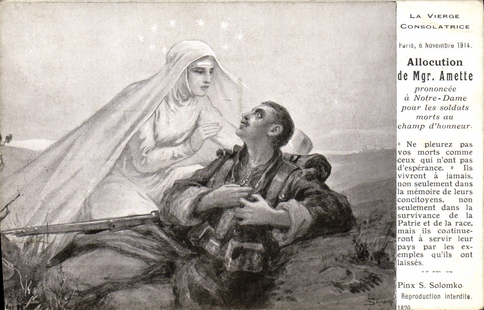 Vintage Postcard Militaria the Virgin consolatrice Mgr Amette