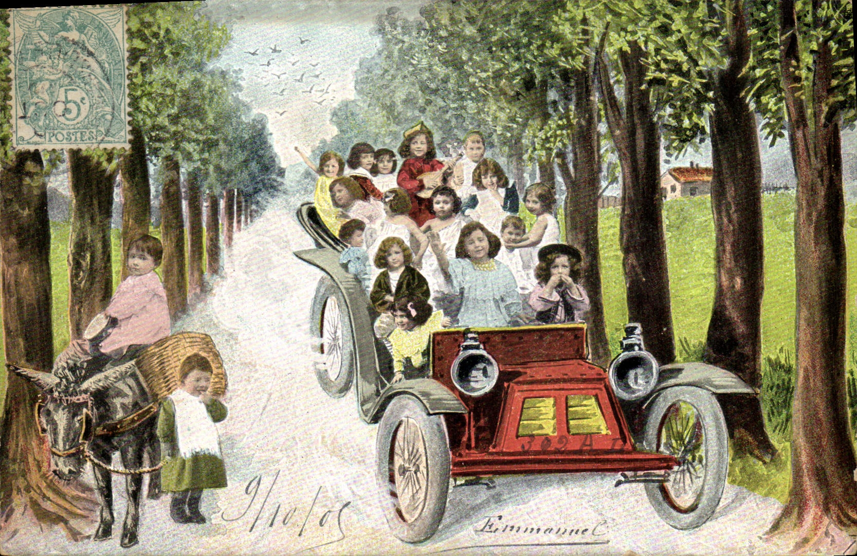 Vintage Postcard Imagination Automobile Child Baby donkey mule