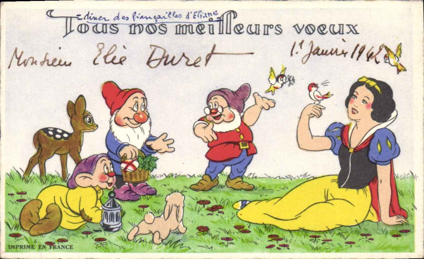 Modern Postcard White Imagination Illustrator Walt Disney Snow and seven dwarves