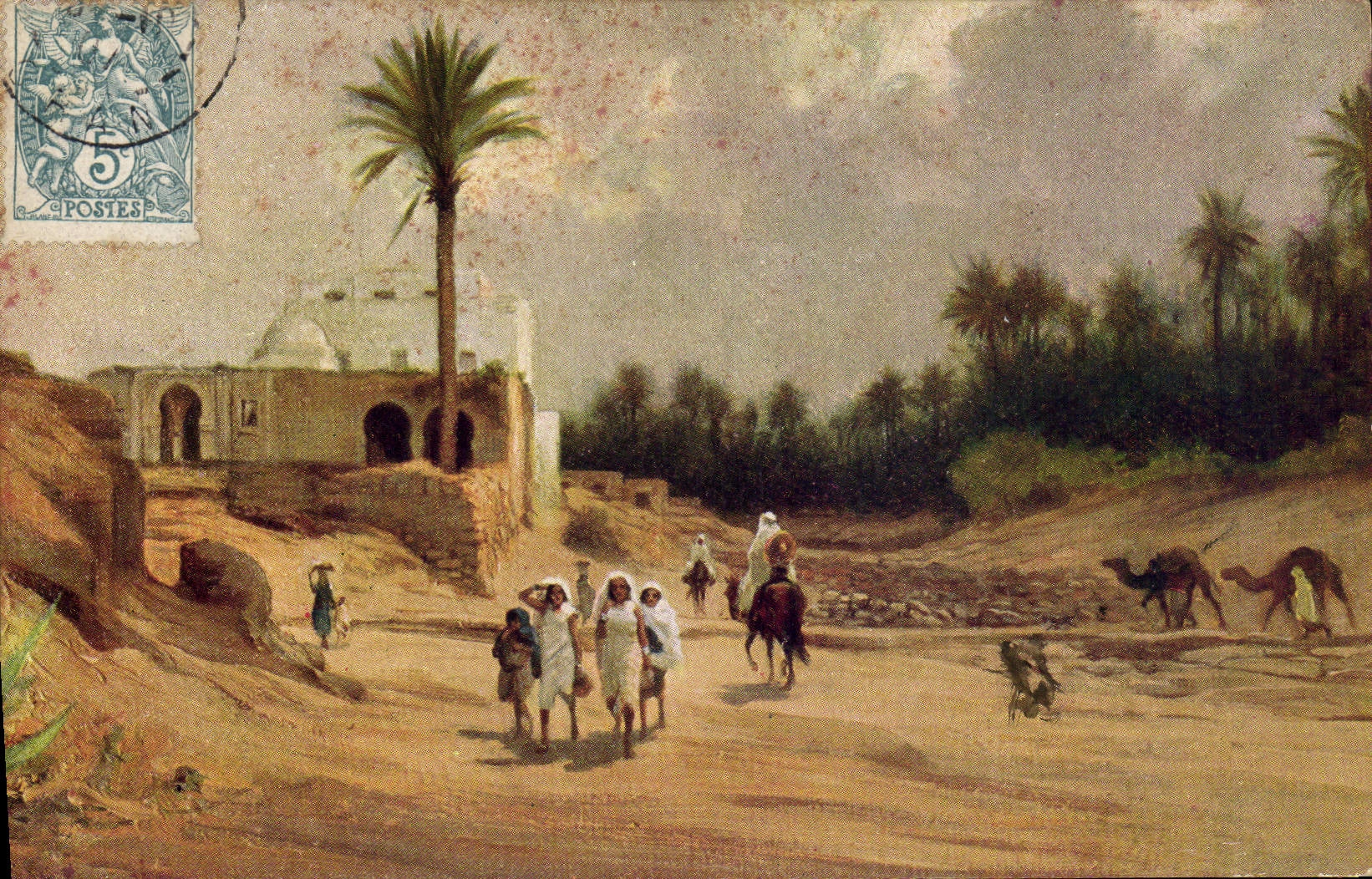Vintage Postcard Imagination Orientalism Oasis with drill of date palms