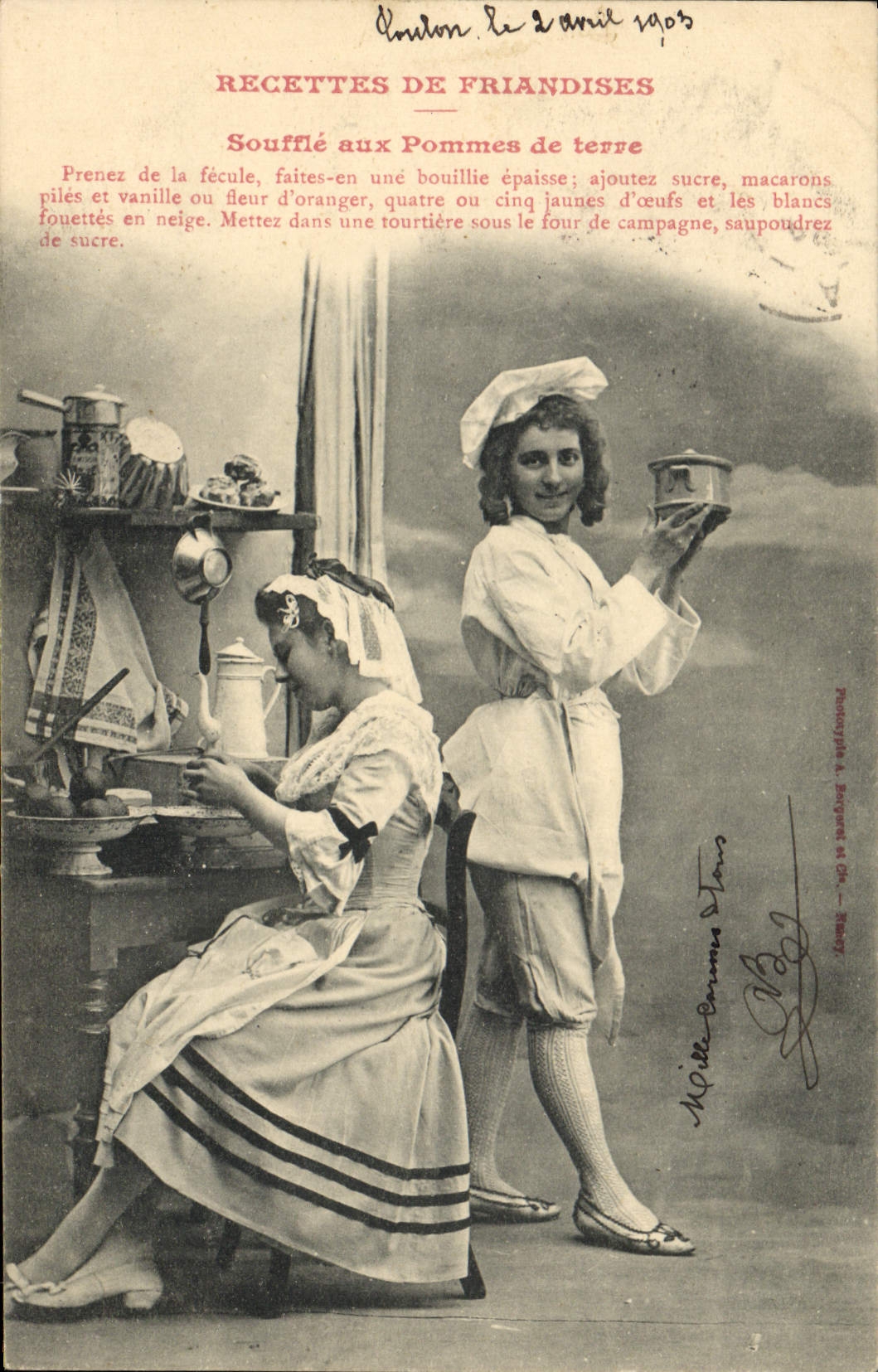 Vintage Postcard Fantaisie Woman Receipts of delicacies Blows with potatoes