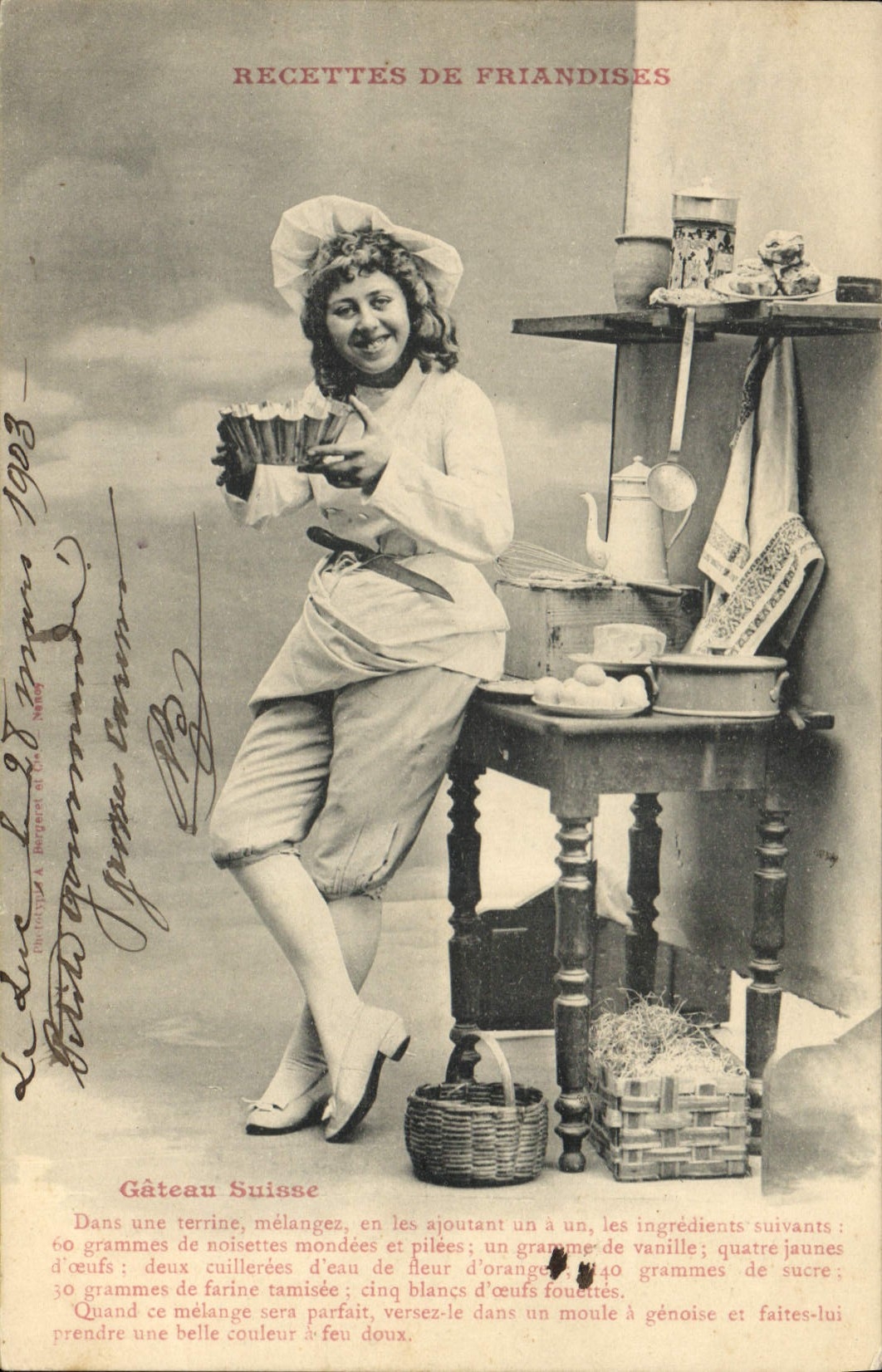 Vintage Postcard Imagination Woman Receipts of delicacies Swiss Cake