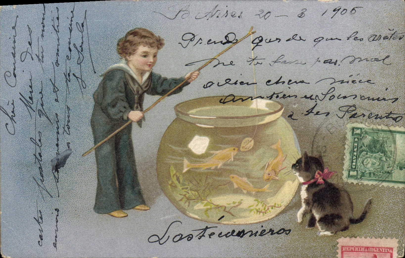 Postal Pesca Niño Gato