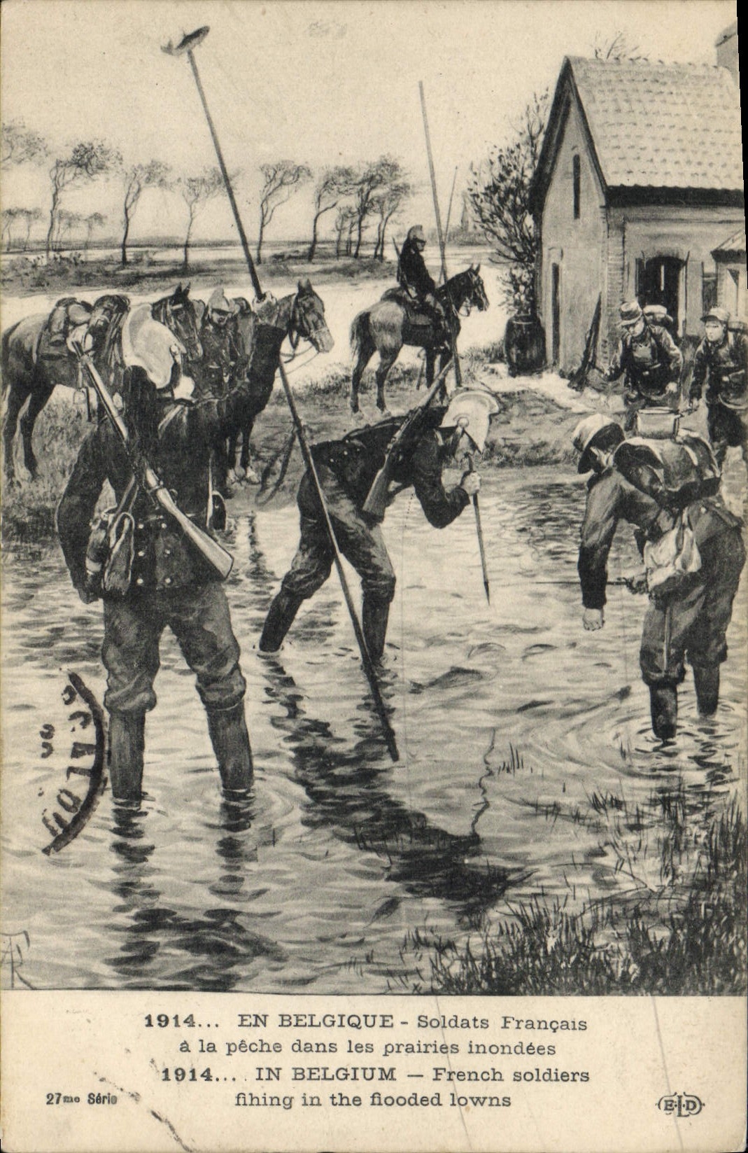 Postal Bélgica Soldados franceses tiene la pesca en los prados inundados