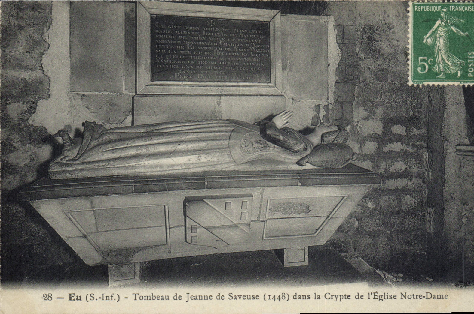 Vintage Postcard Dead Have Tomb of Jeanne Saveuse in the crypt of the church Notre Dame