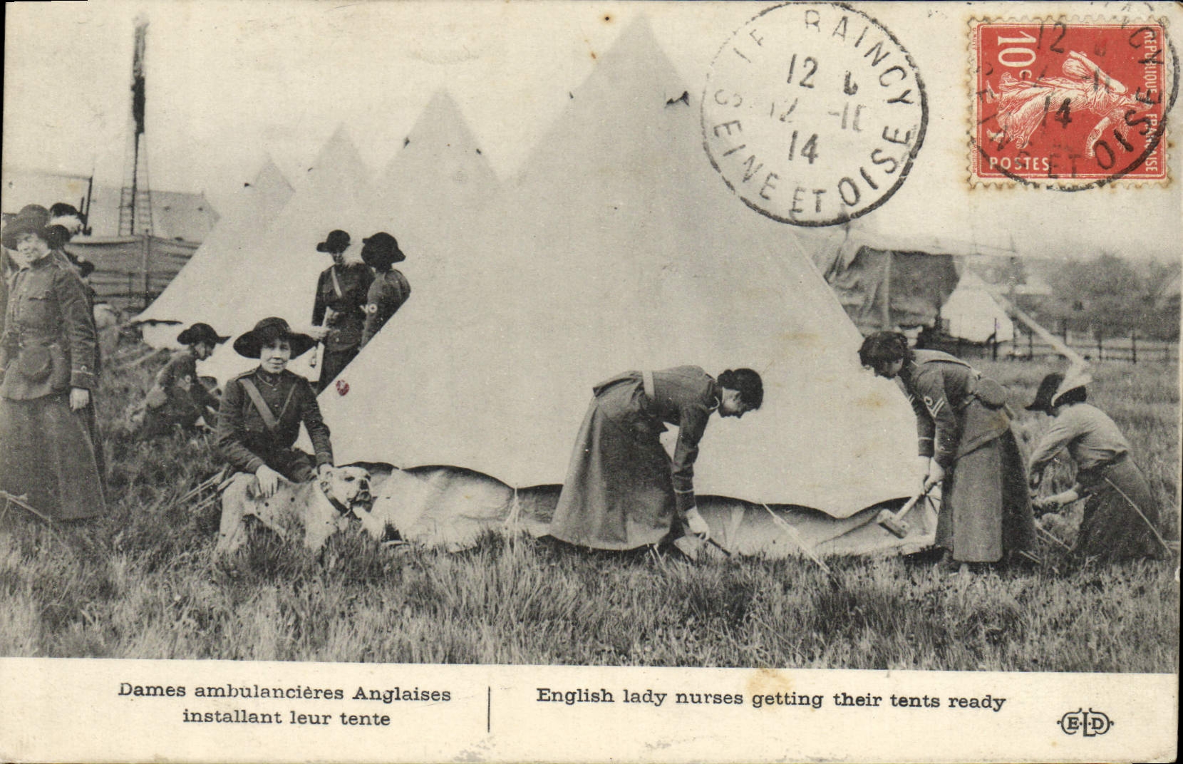 Postal Salud Militaria Damas ambulancieres ingleses que instala su tienda