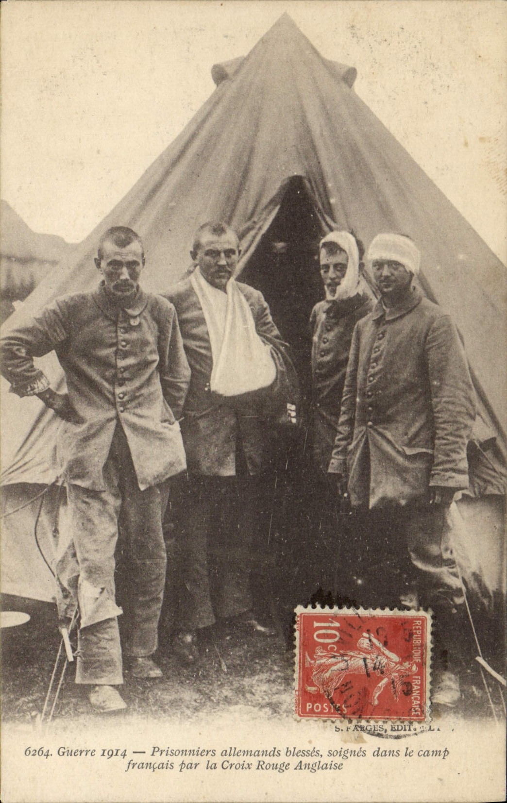 Postal Salud Militaria Presos alemanes heridos ocupados en el campo francés por la Cruz Roja Inglesa