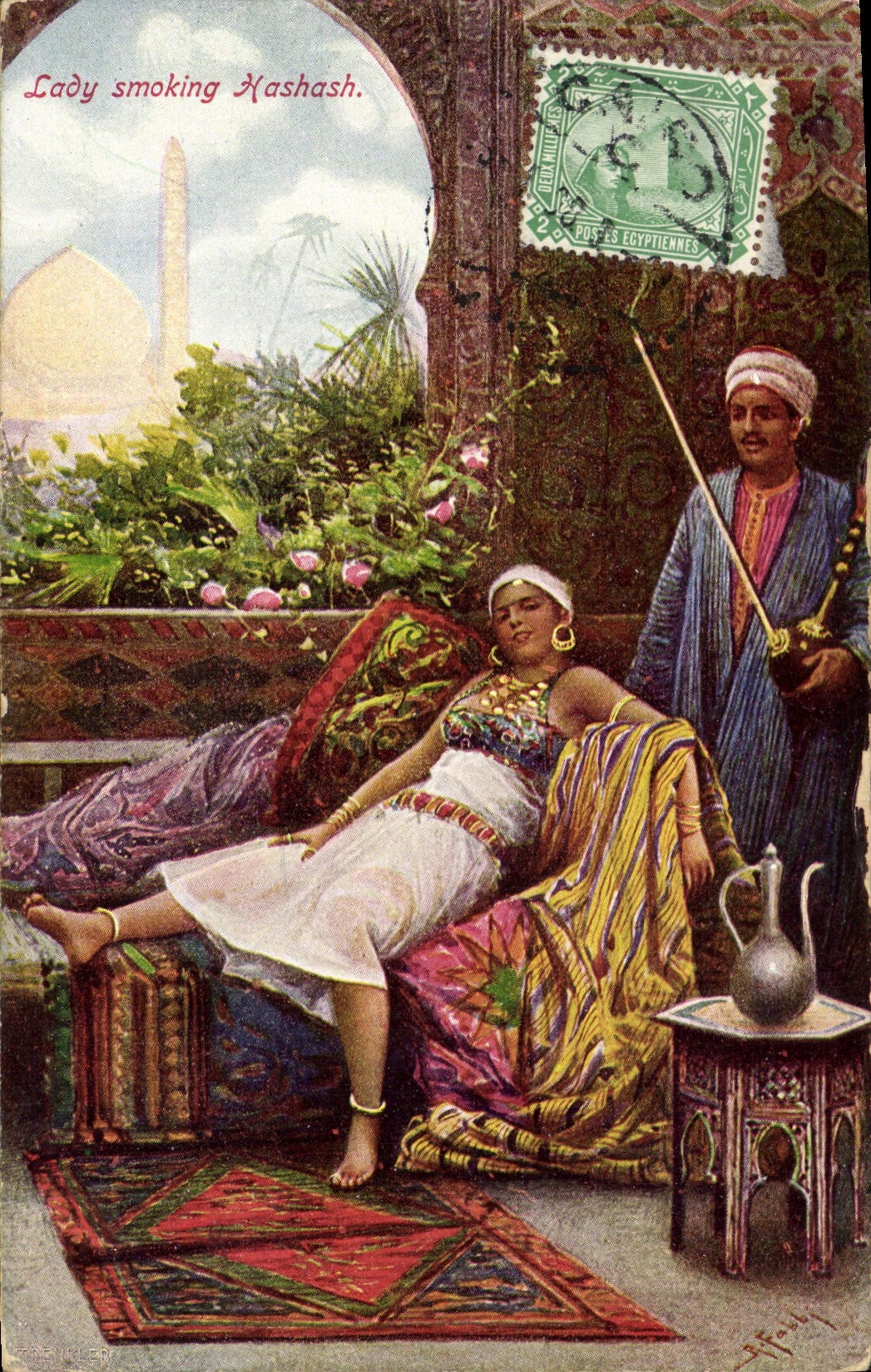 CPA Fantaisie Orientalisme Lady smoking Hashash