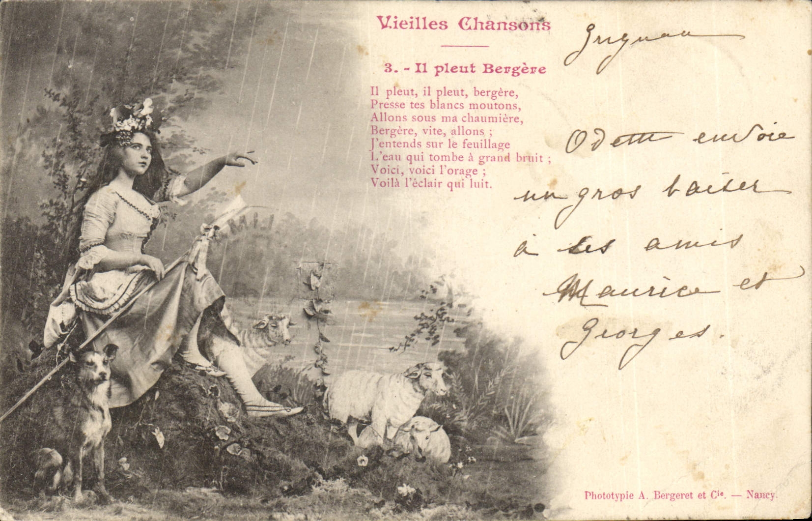 Vintage Postcard Fantaisie Old women songs It rains Bergere