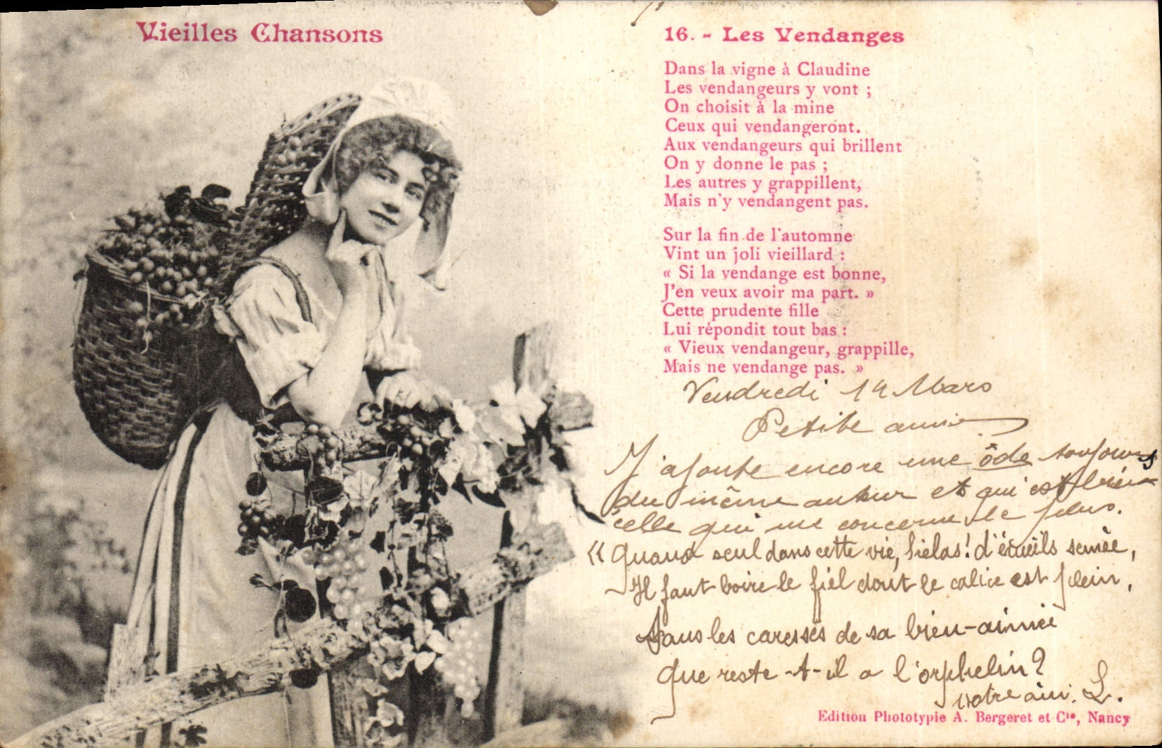 Vintage Postcard Imagination Old women songs grape harvest