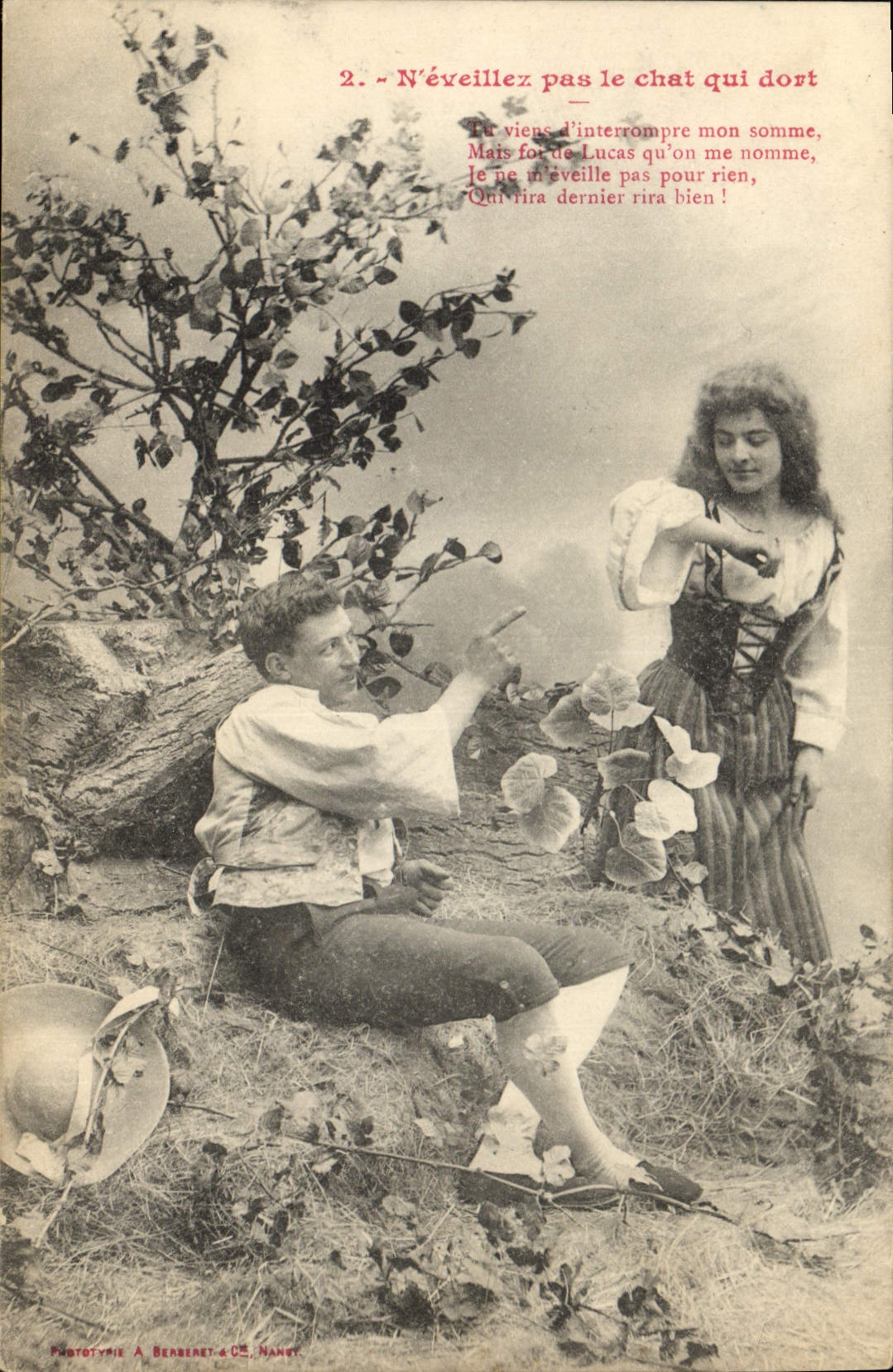 Vintage Postcard Fantaisie Woman do not wake up the cat which sleeps