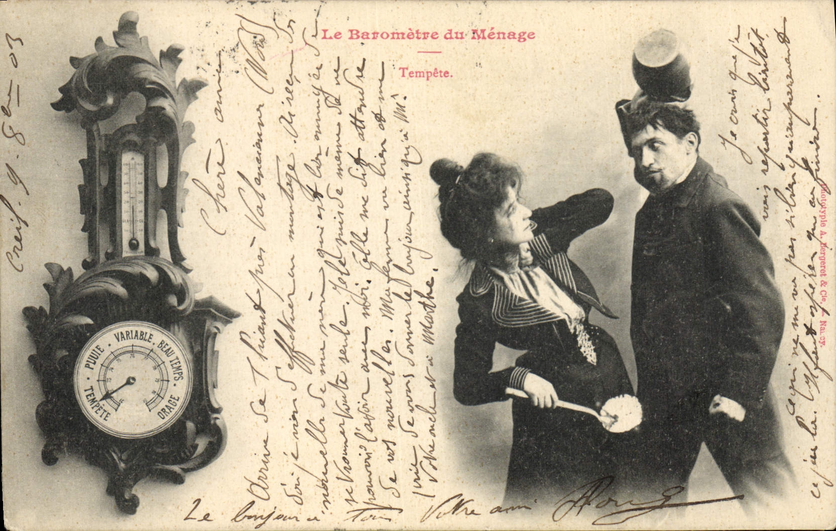 Vintage Postcard Imagination Woman the barometer of the household Clock