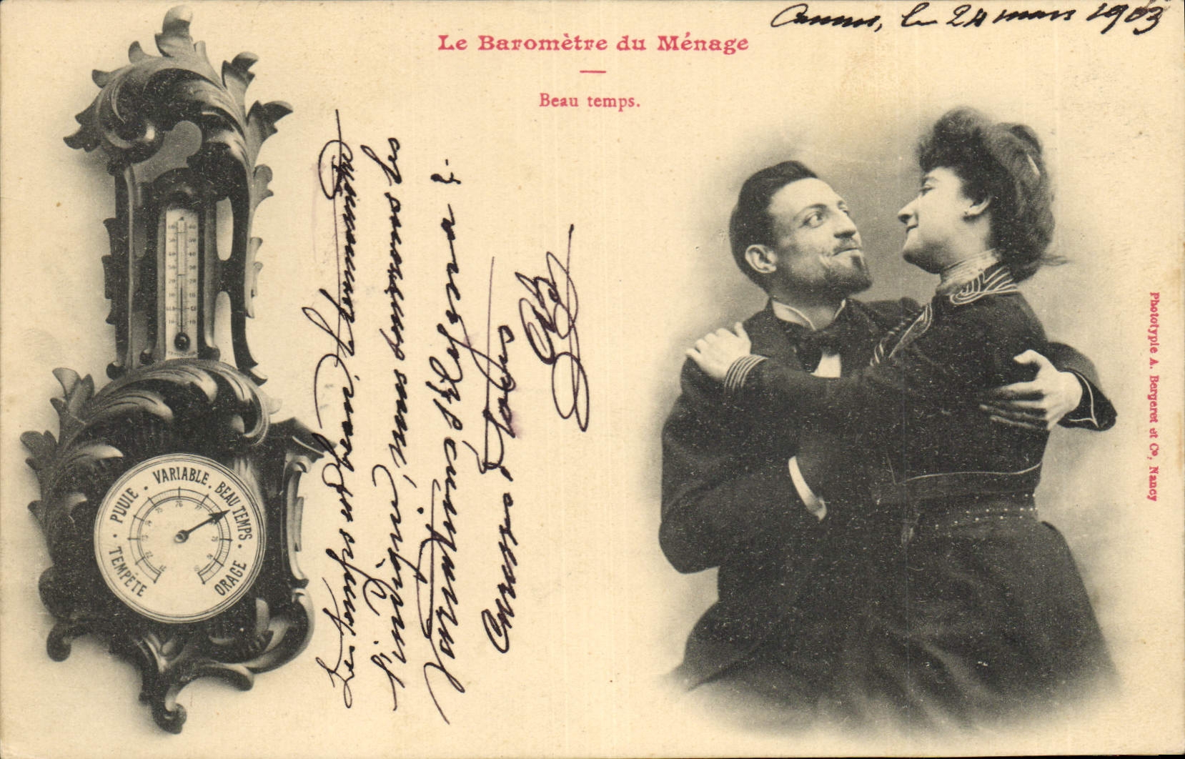 Vintage Postcard Imagination Woman the barometer of the household Clock Good weather