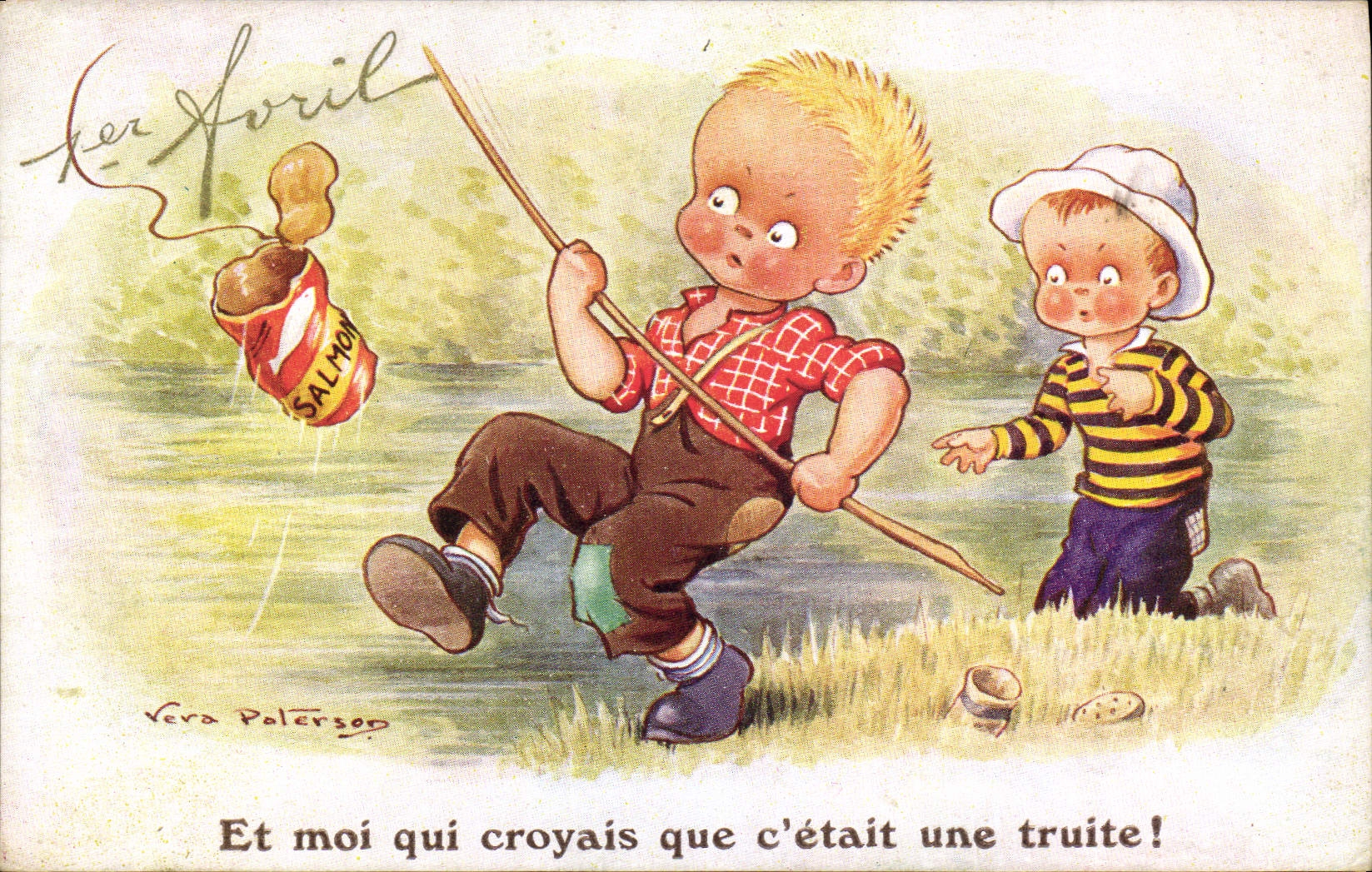 Postal Pesca Pecador Niño y mí que creía que era una trucha!