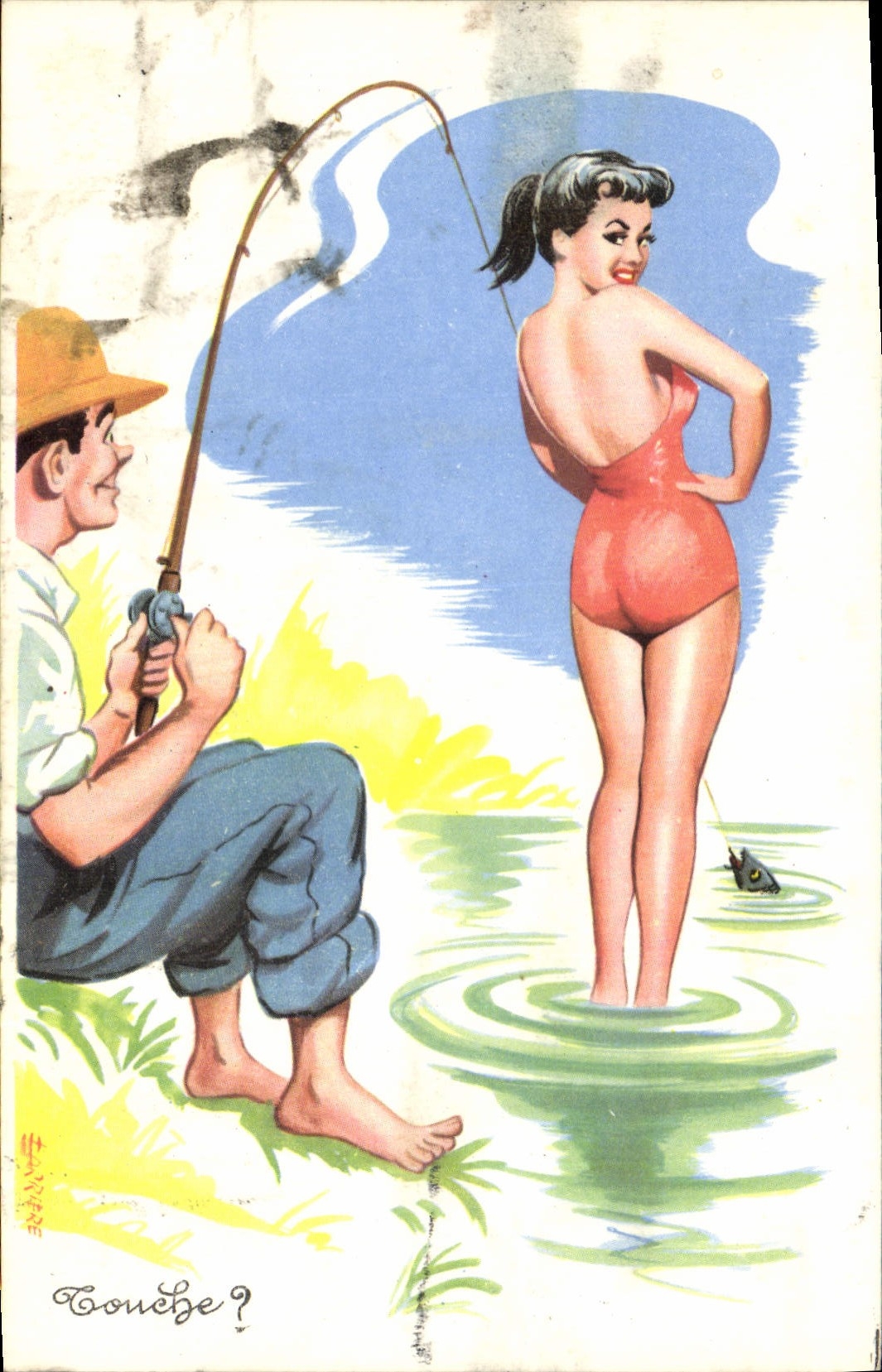 CPA Peche Pecheur Touche Pin Up