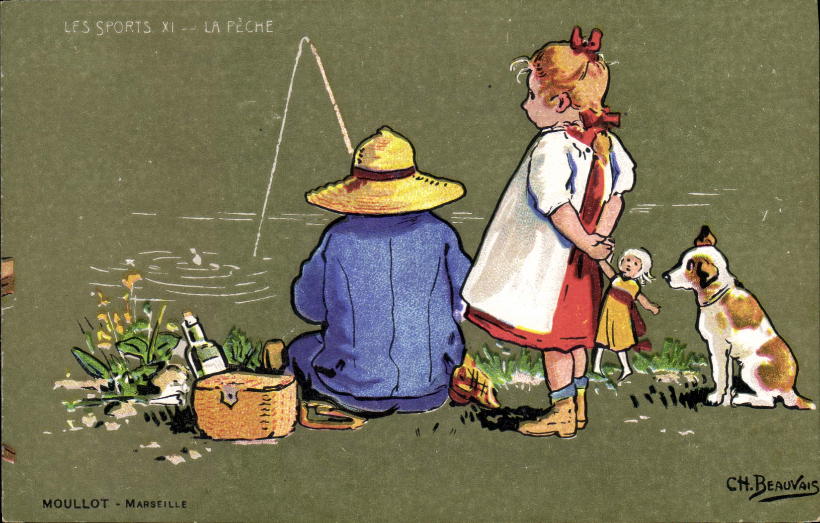 Postal Pesca Pecador Ilustrador Beauvais Perro