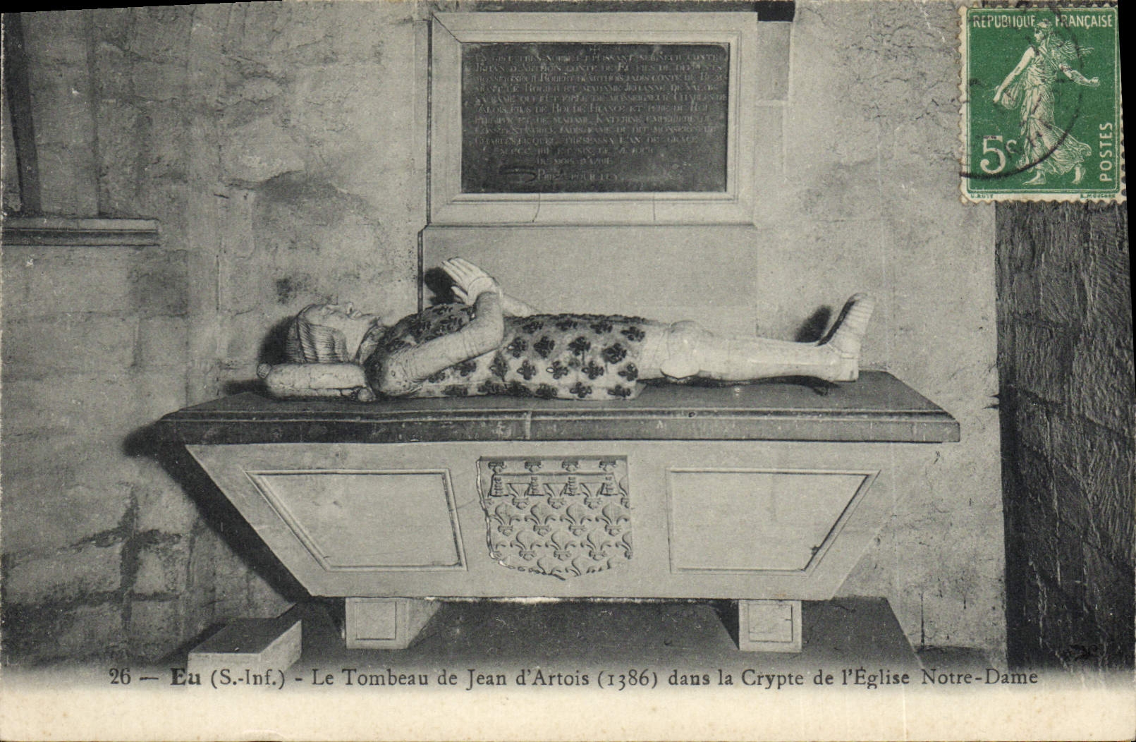 Vintage Postcard Dead Have the tomb of Jean d' Artois in the crypt of the church Notre Dame