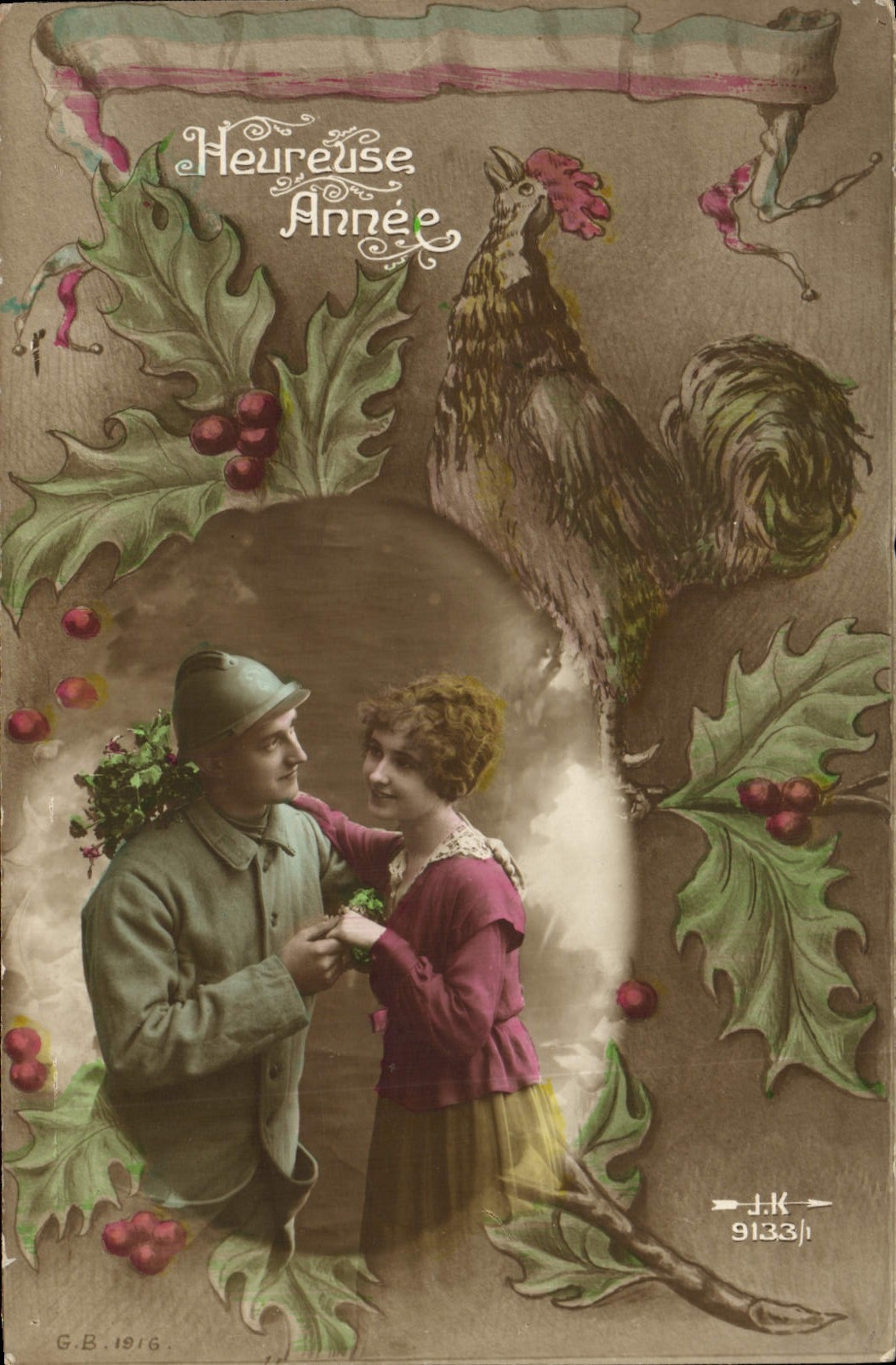 CPA Coq Soldat Poilu Femme Militaria
