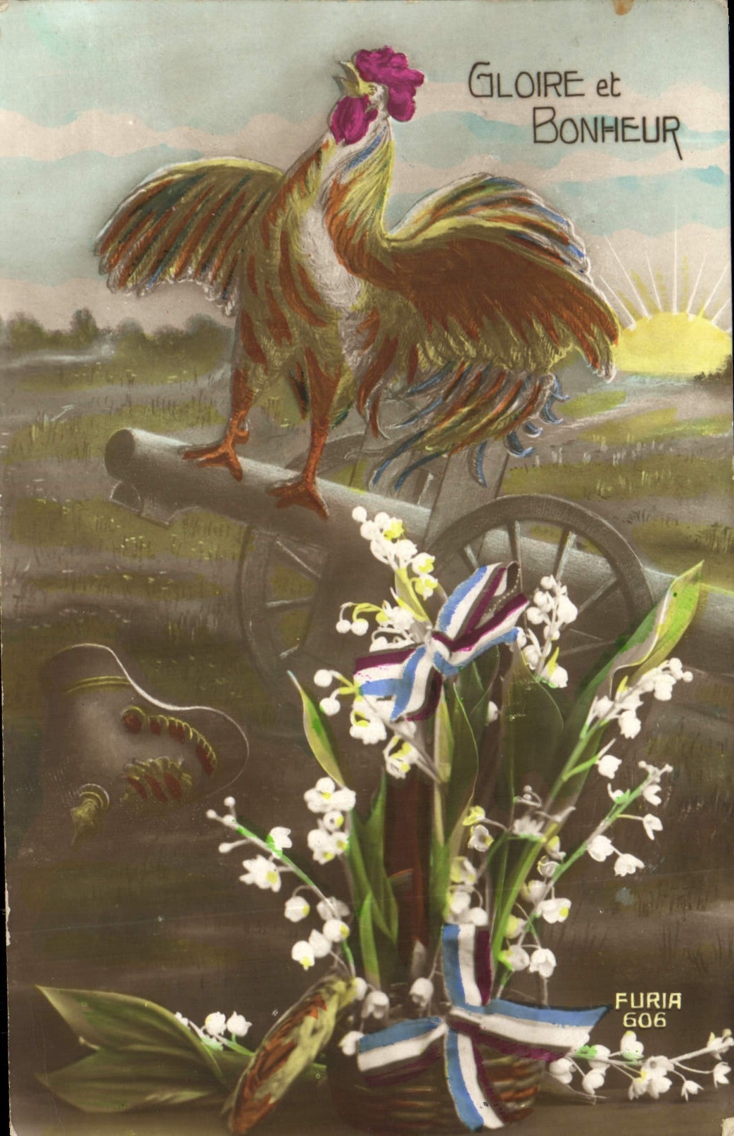 CPA Coq Canon Militaria Gloire et bonheur