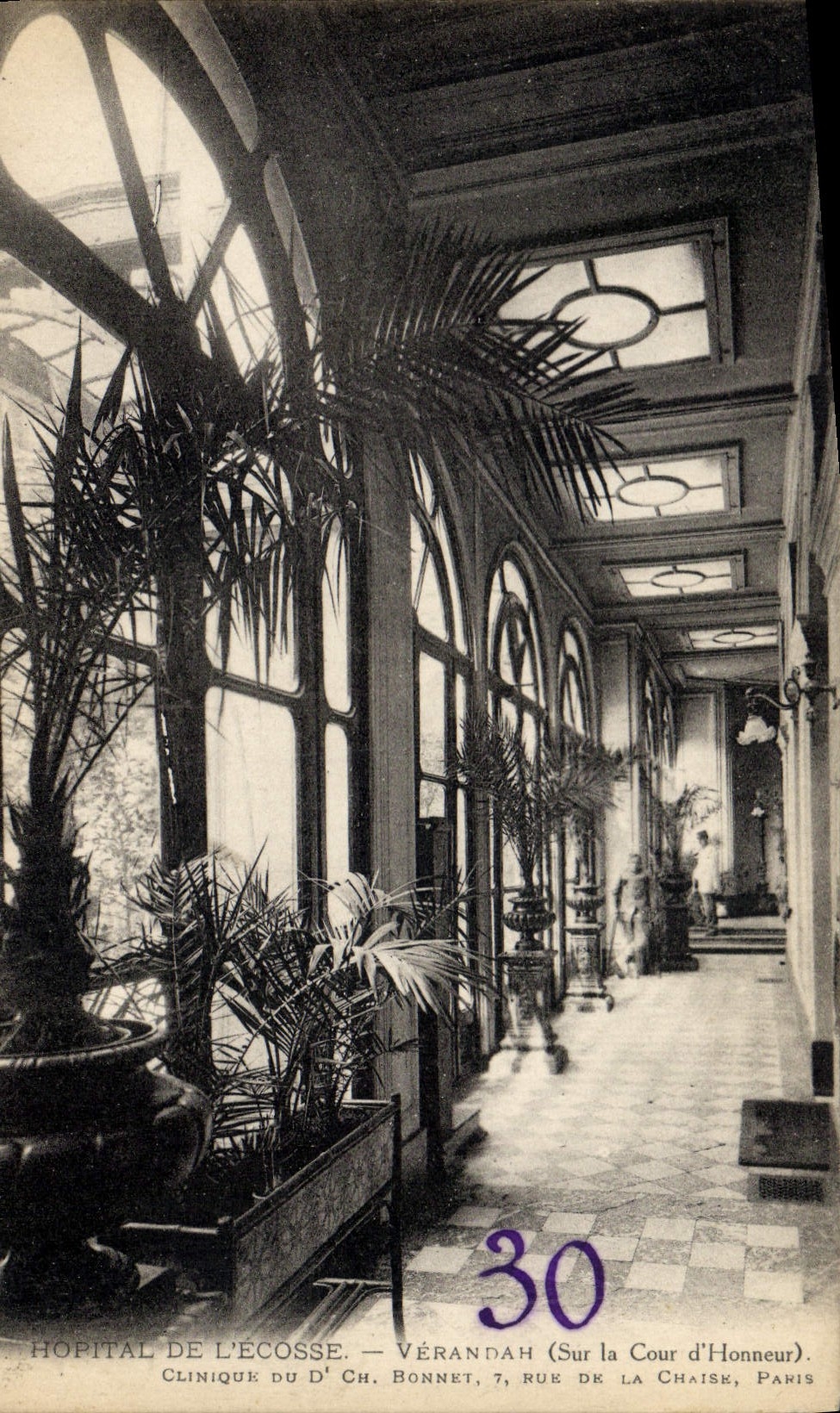 Vintage Postcard Health Militaria Hospital of Scotland Verandah On the Clinical main courtyard of Dr. CH Bonnet Street of the Paris Chair