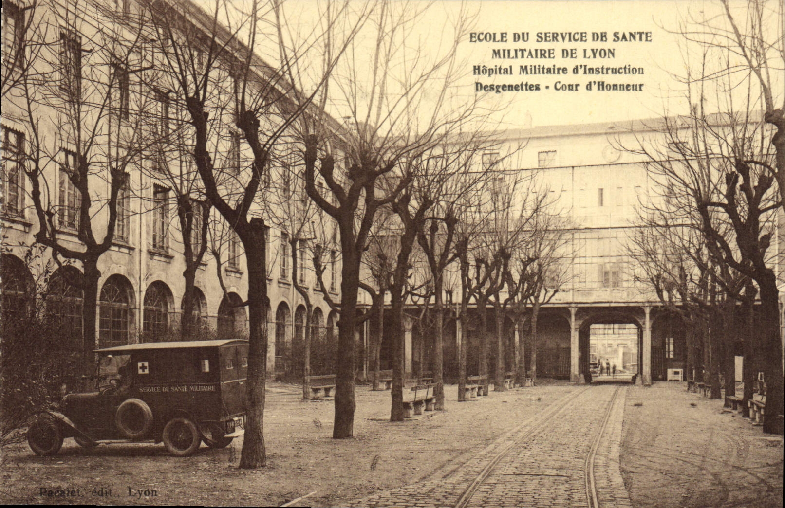 Vintage Postcard Health Militaria School of the military health service of Lyon Military hospital of instruction Desgenettes Main courtyard Ambulance