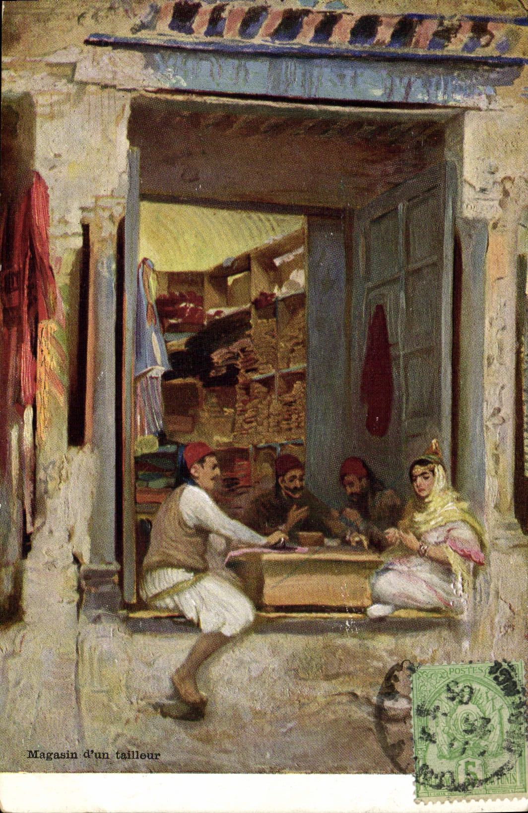 Postal Fantasia Orientalismo Túnez Almacén de un sastre