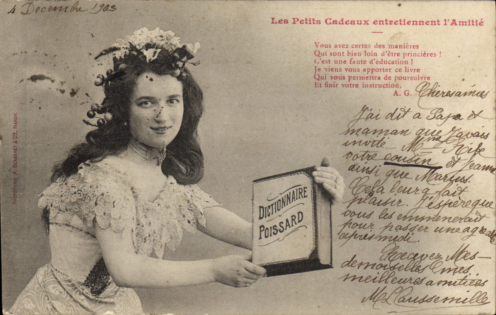 Vintage Postcard Imagination Woman Little gifts keep friendship warm Poissard Dictionary