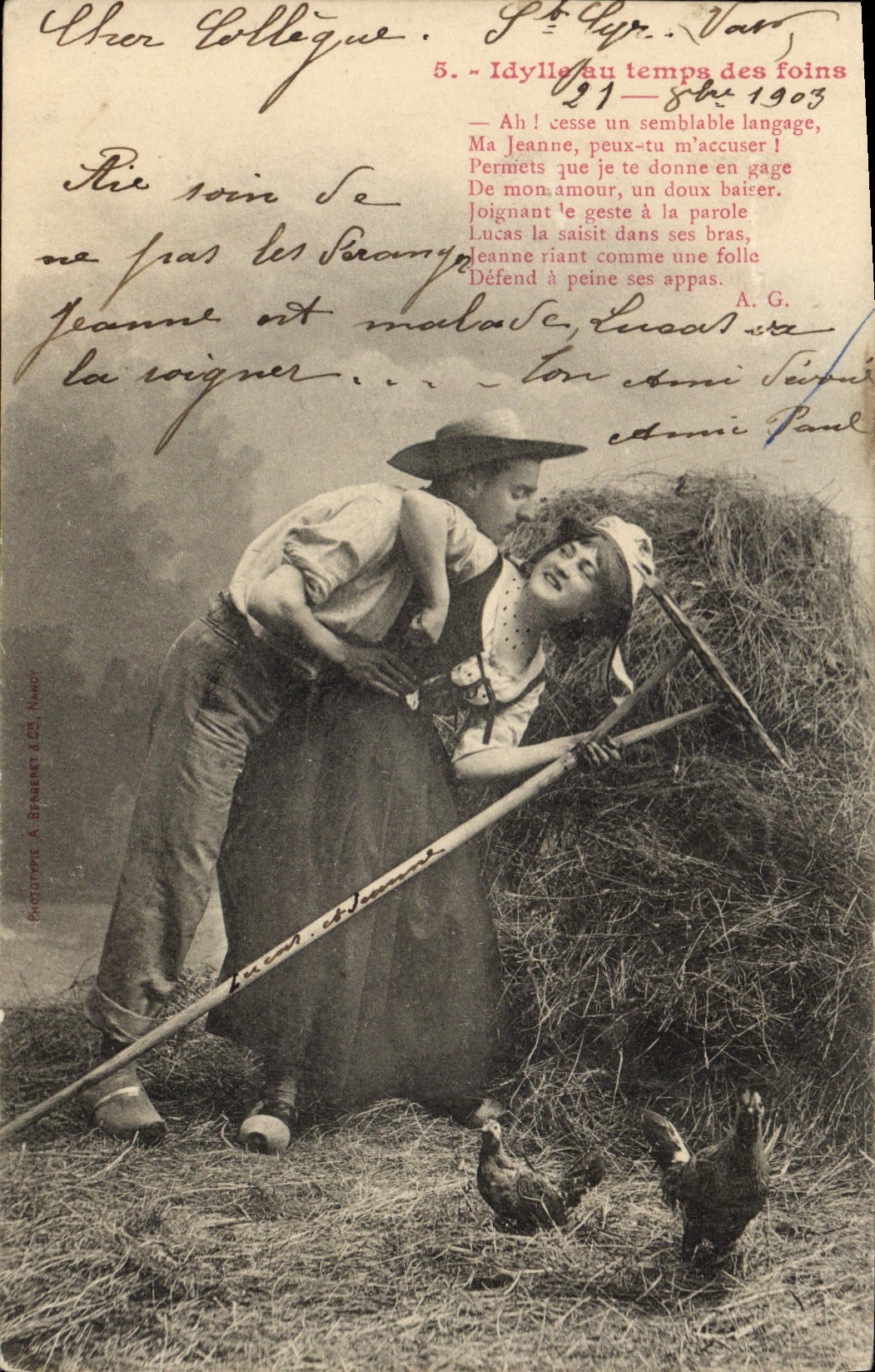Vintage Postcard Imagination Woman Idyll at the time of hays