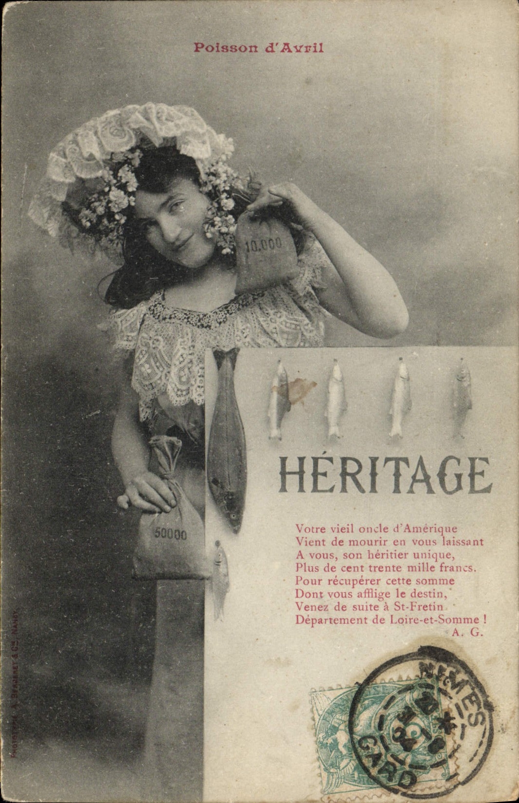 Vintage Postcard Imagination Woman Heritage Poisson d' Avril