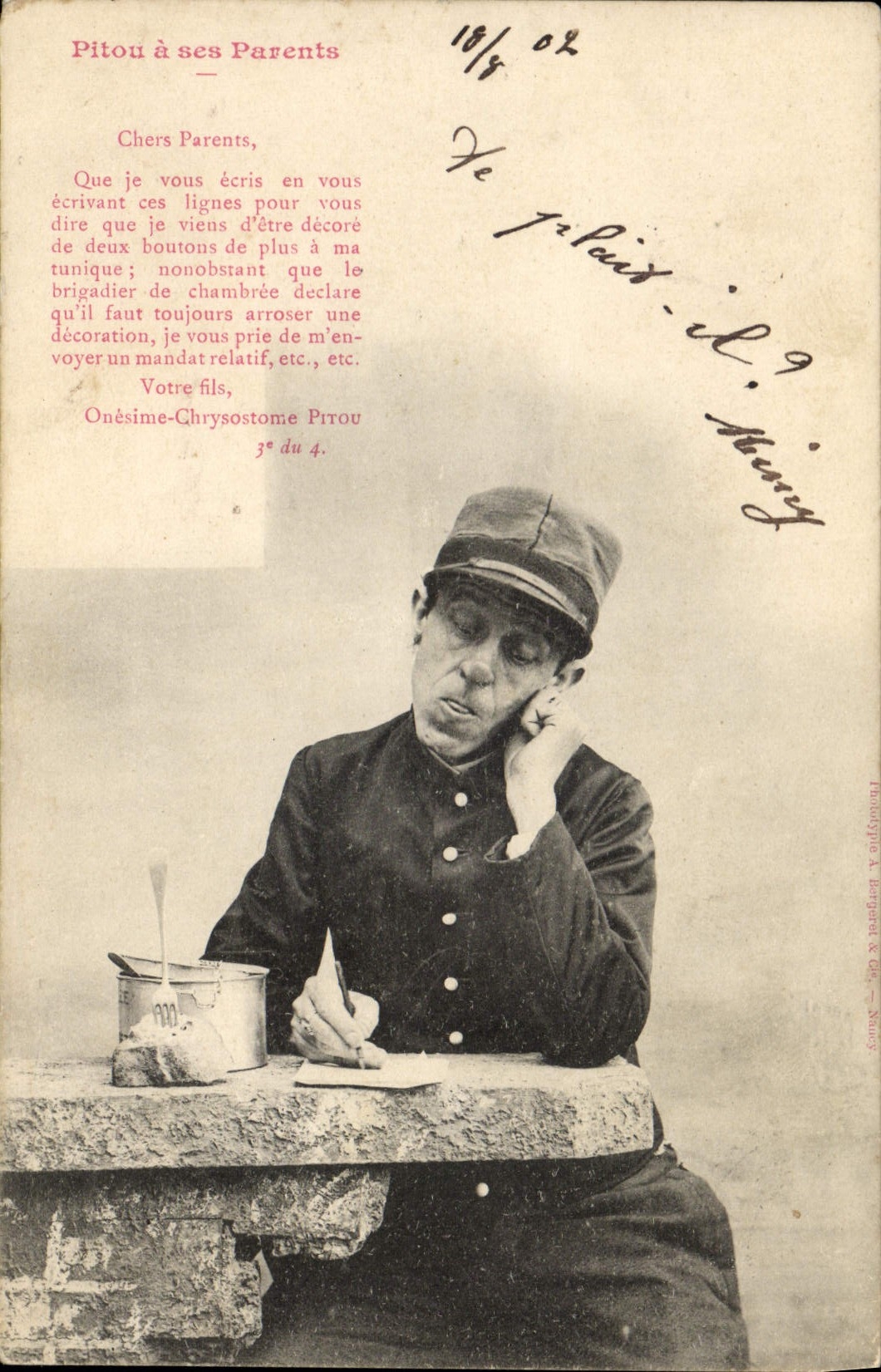 CPA Fantaisie Homme Pitou a ses parents Militaria 