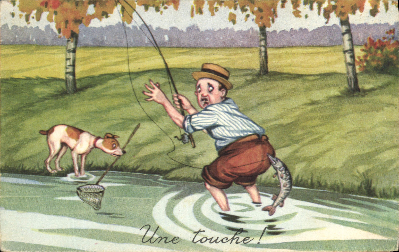 CPA Peche Pecheur Une touche Chien