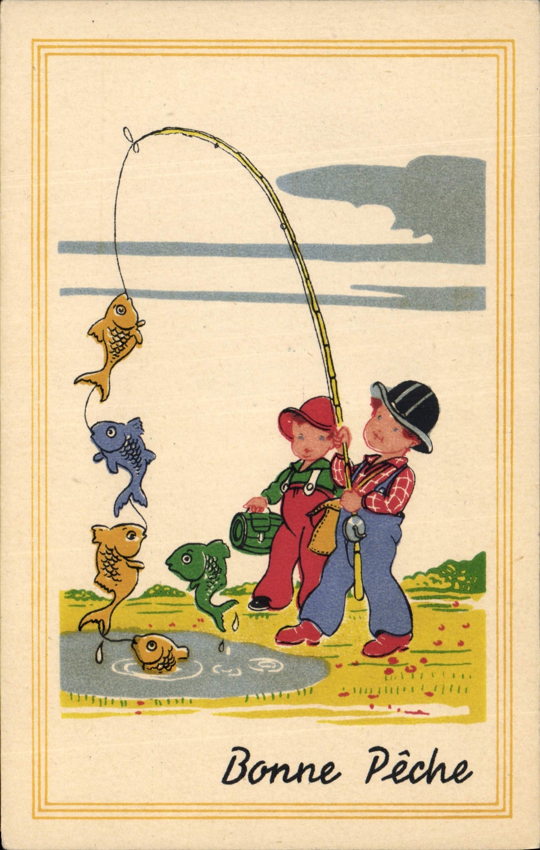 Postal Pesca Pecador Niños Buena pesca