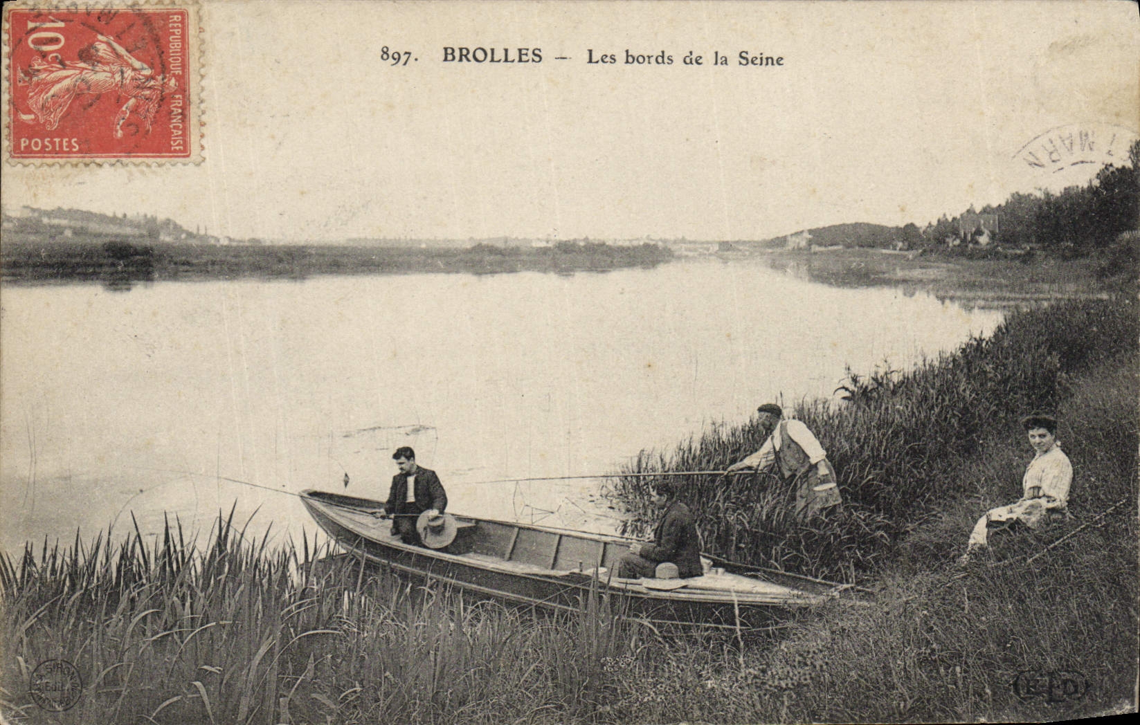 Postal Pesca Pecador Brolles las orillas del Sena