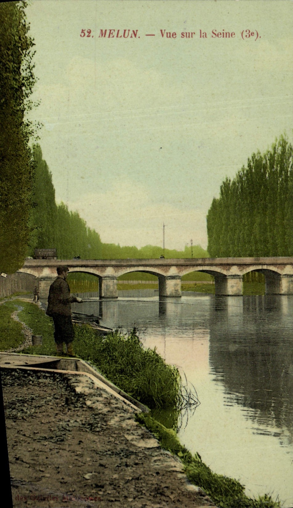 Postal Pesca Pecador Melun Vista sobre el Sena