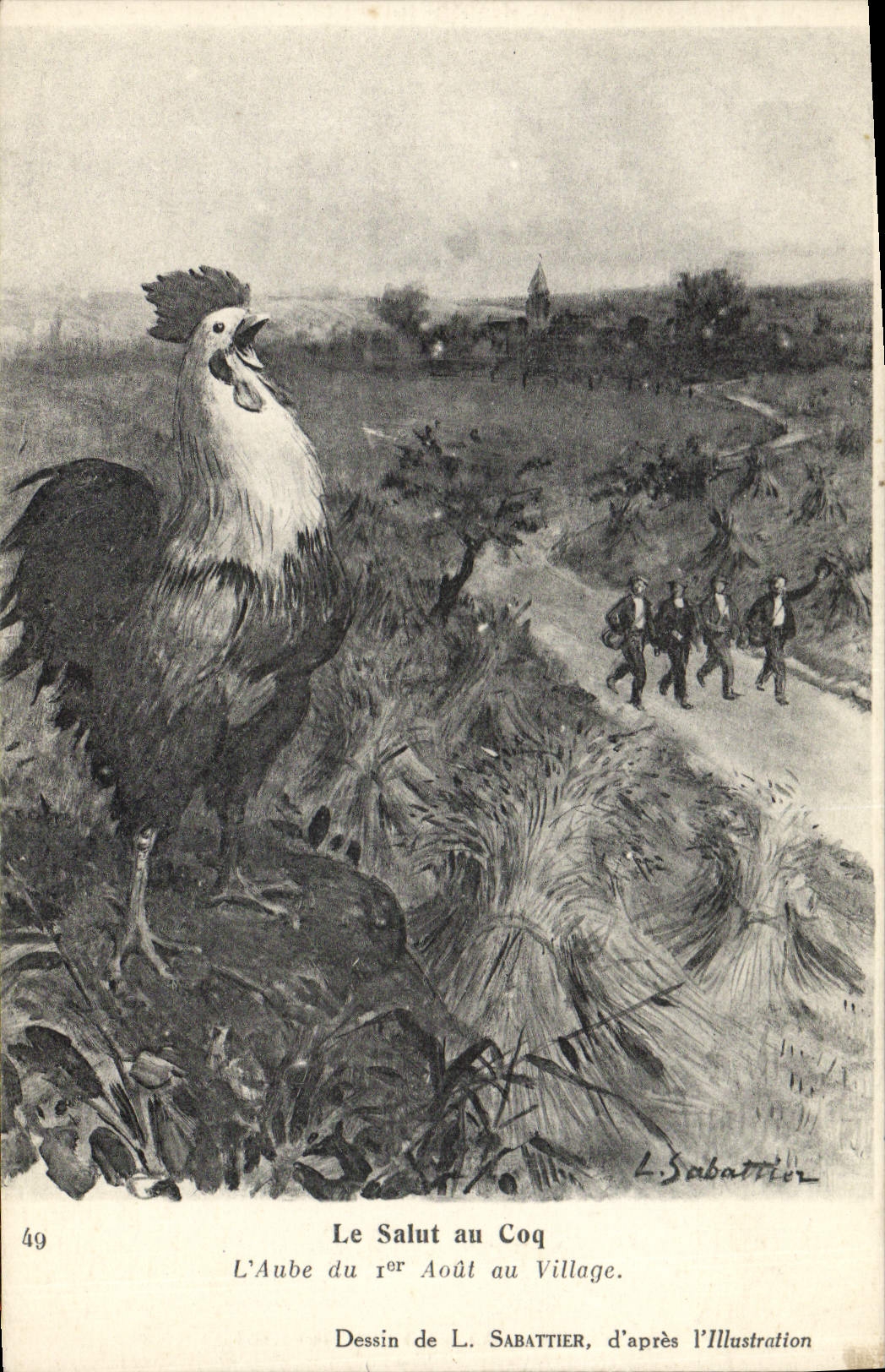 CPA Coq Poule Le salut du coq L'aube du 1er aout au village Sabattier L'Illustration 