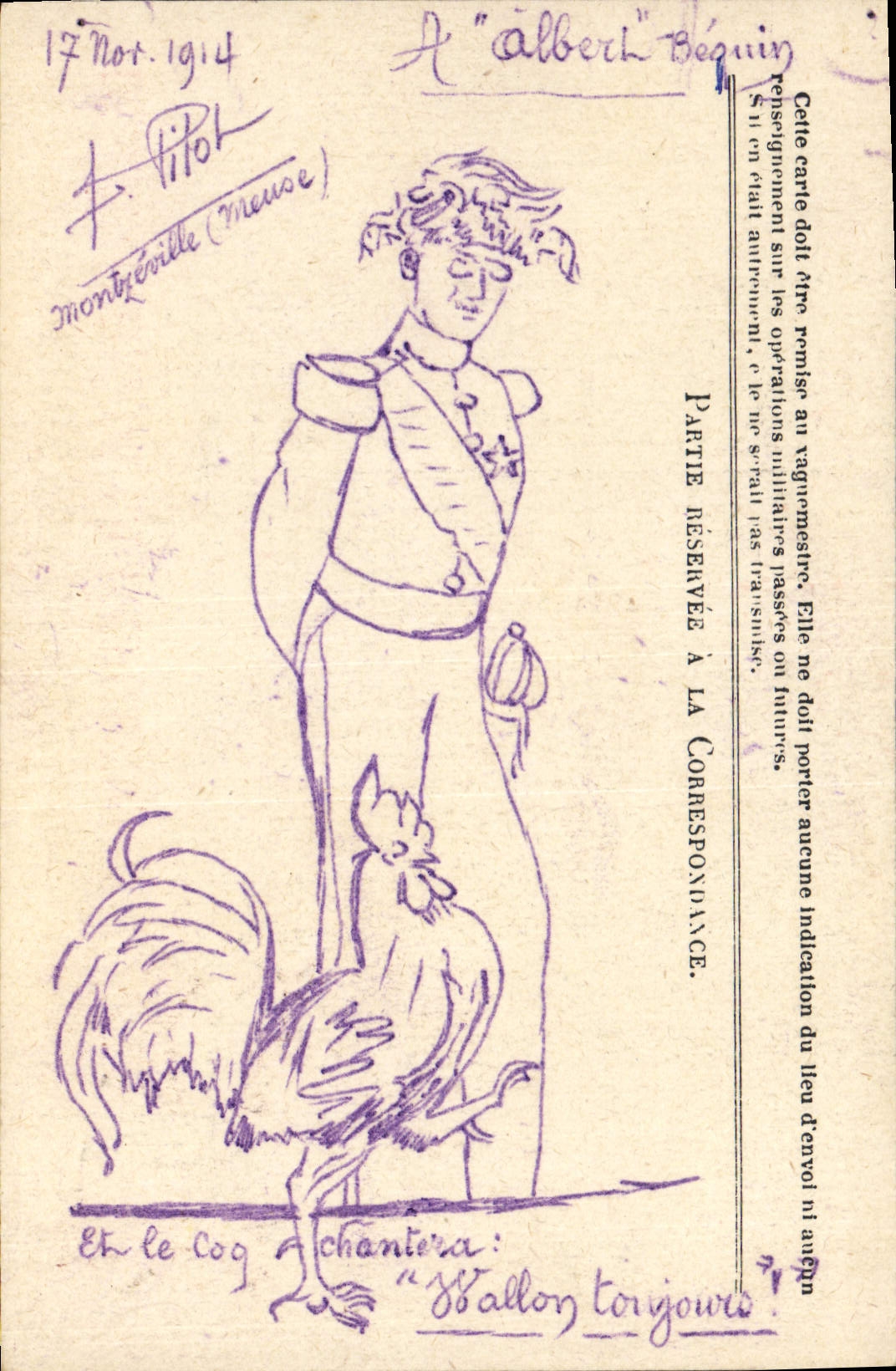 CPA Franchise militaire Coq Poule (dessin a la main) 