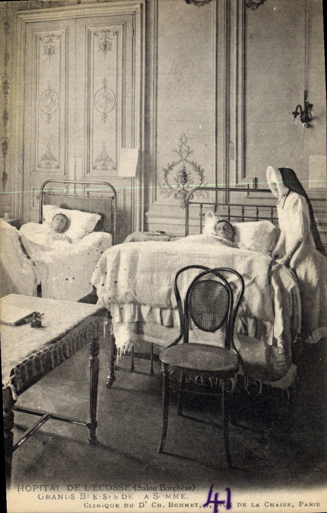 Vintage Postcard Sante Militaria Hopital of Scotland Salon Borghese Grands wound Al Summons Clinical of Dr. Bonnet Street of the Paris Chair