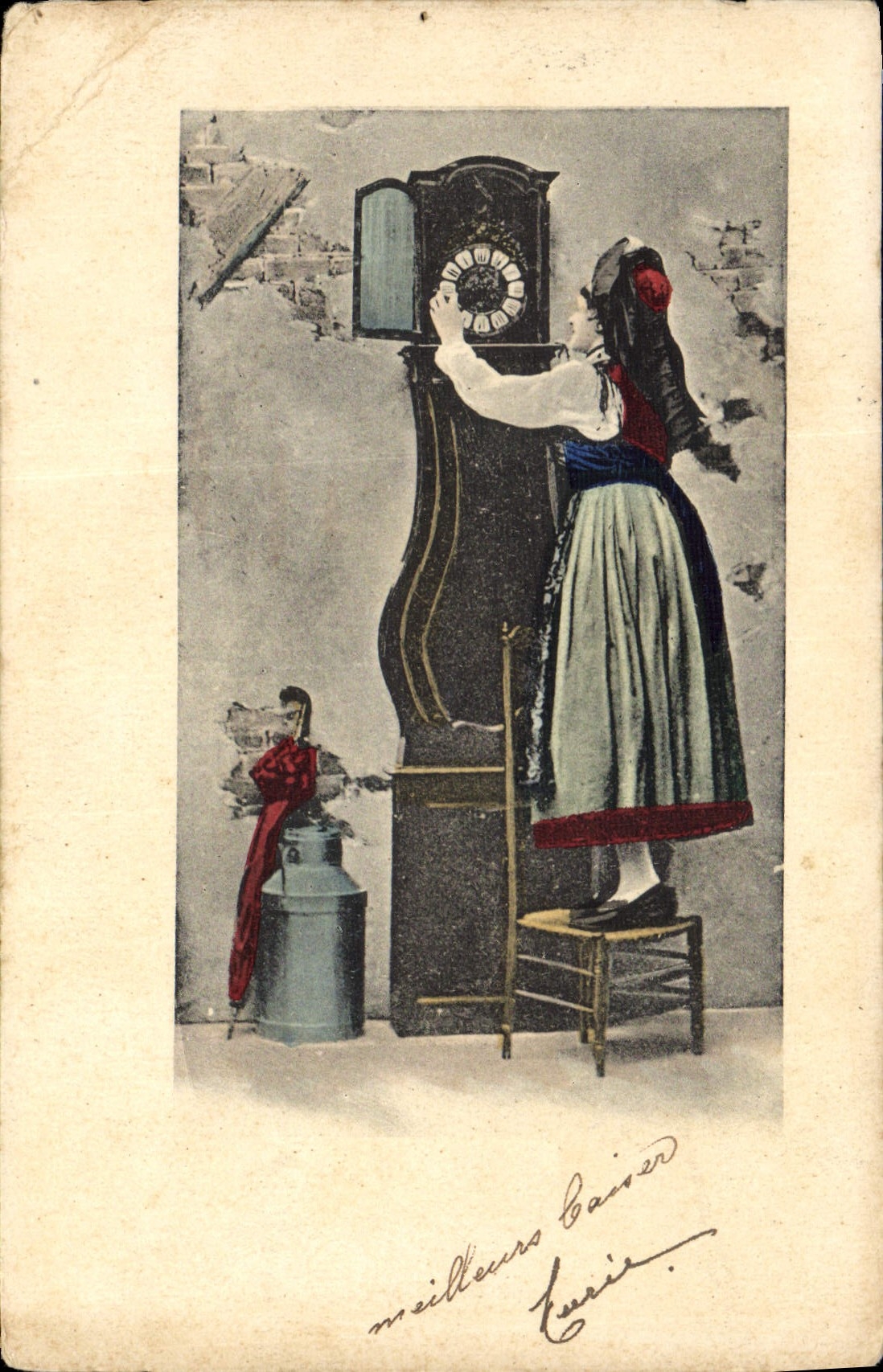 CPA Folklore Alsace Alsacienne Horloge