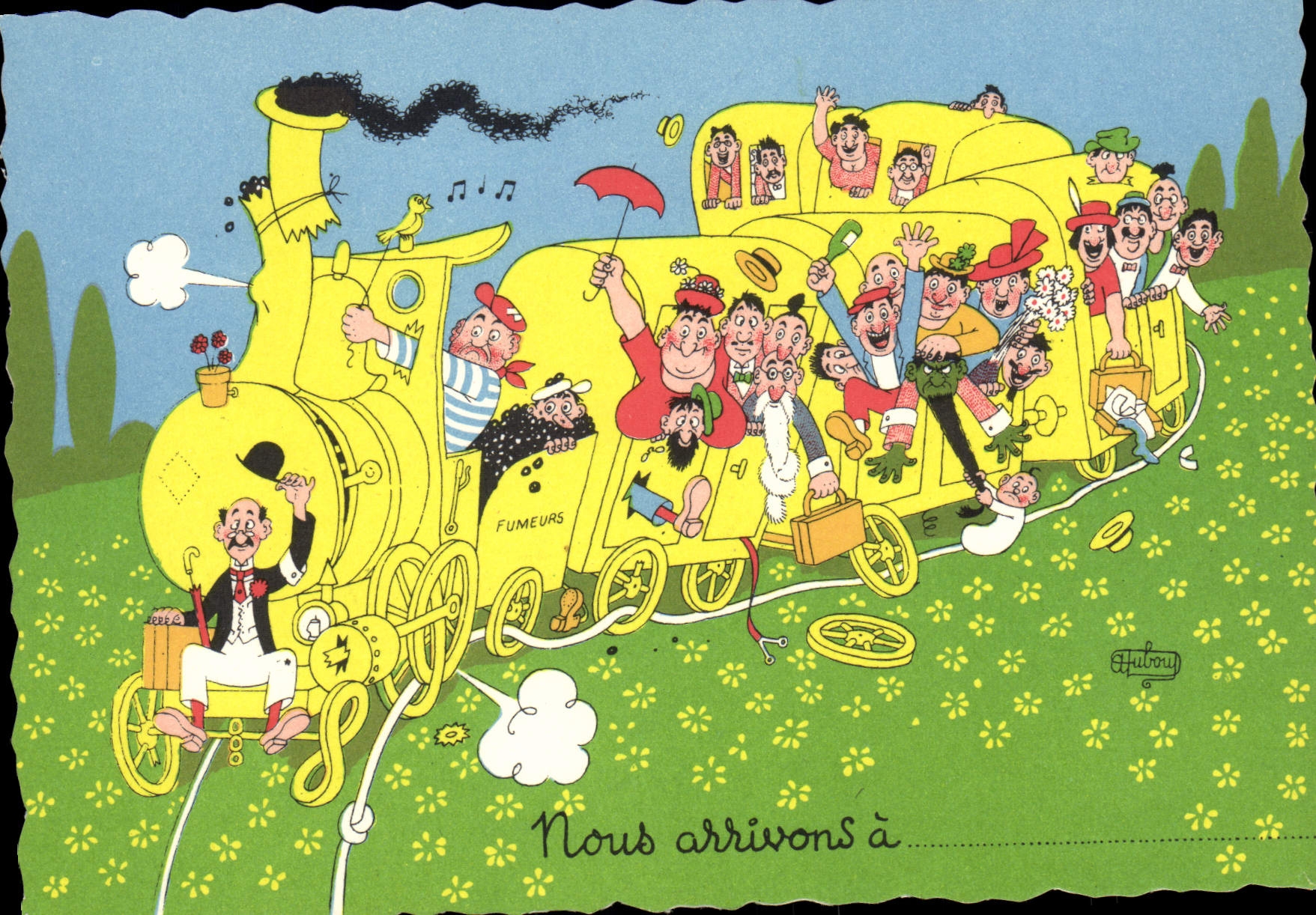 Vintage Postcard Fantaisie Illustrator We arrive Train