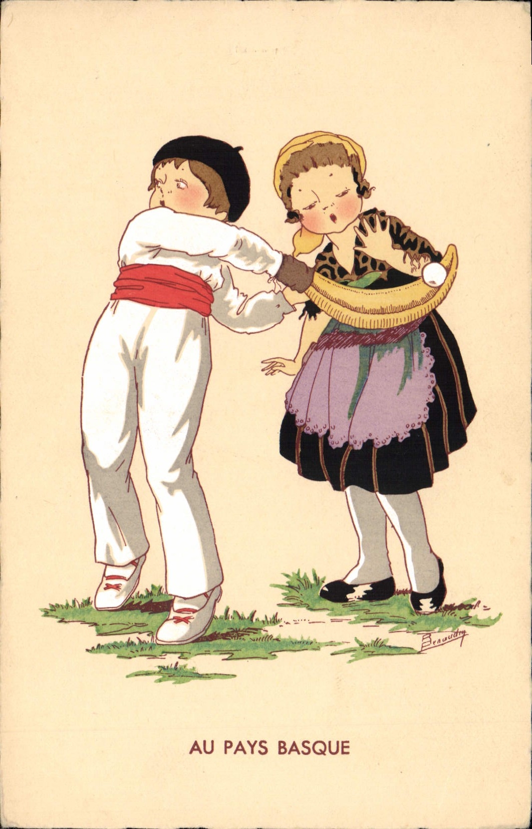 Vintage Postcard Fantaisie Illustrator In the Basque Country Winds into a ball Basque