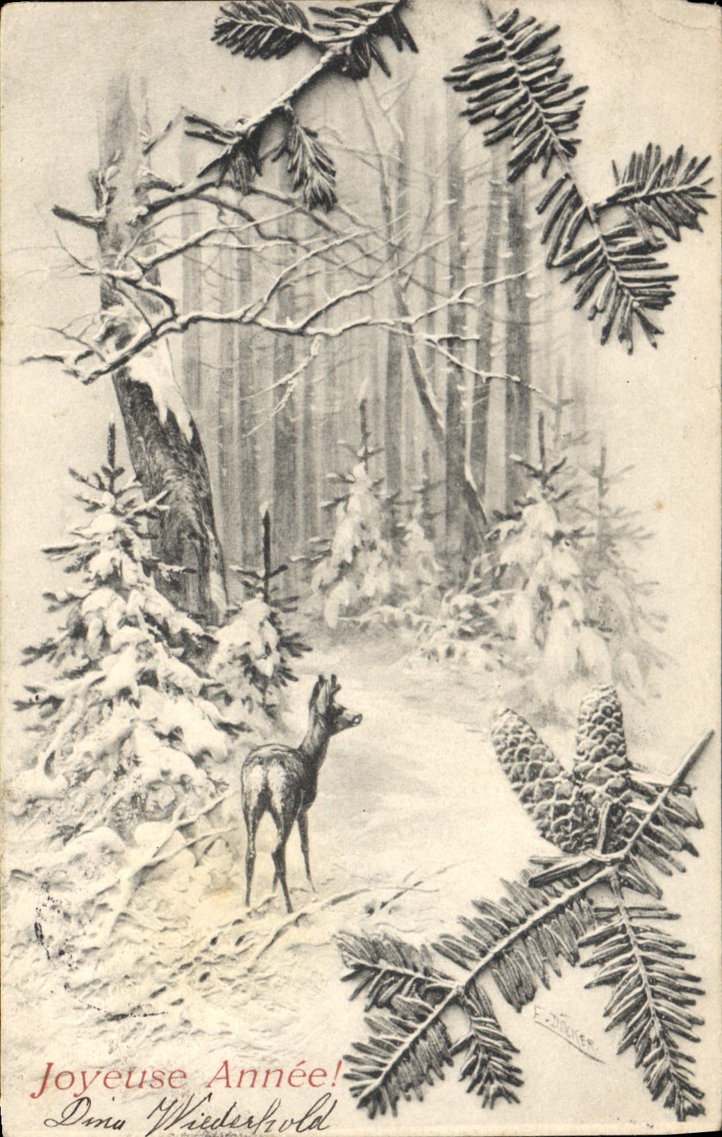 CPA Fantaisie Illustrateur Joyeuse Annee Biche