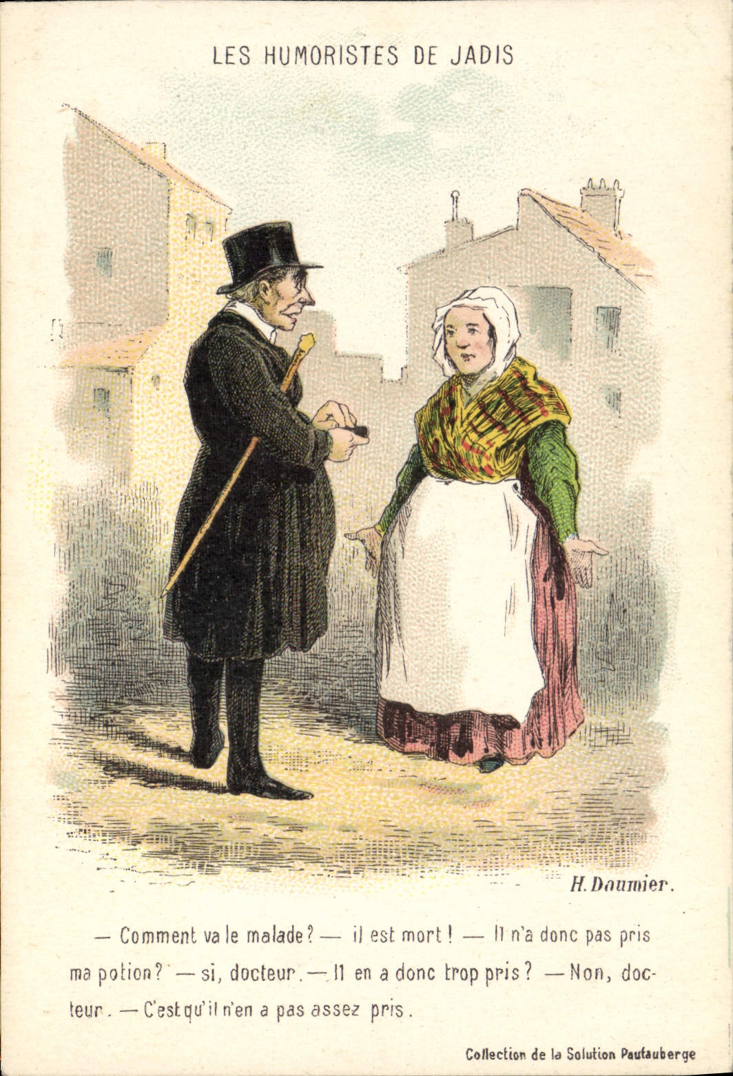 Postal Fantasia Ilustrador Daumier los humouristes de antes cómo va el enfermo? Doctor